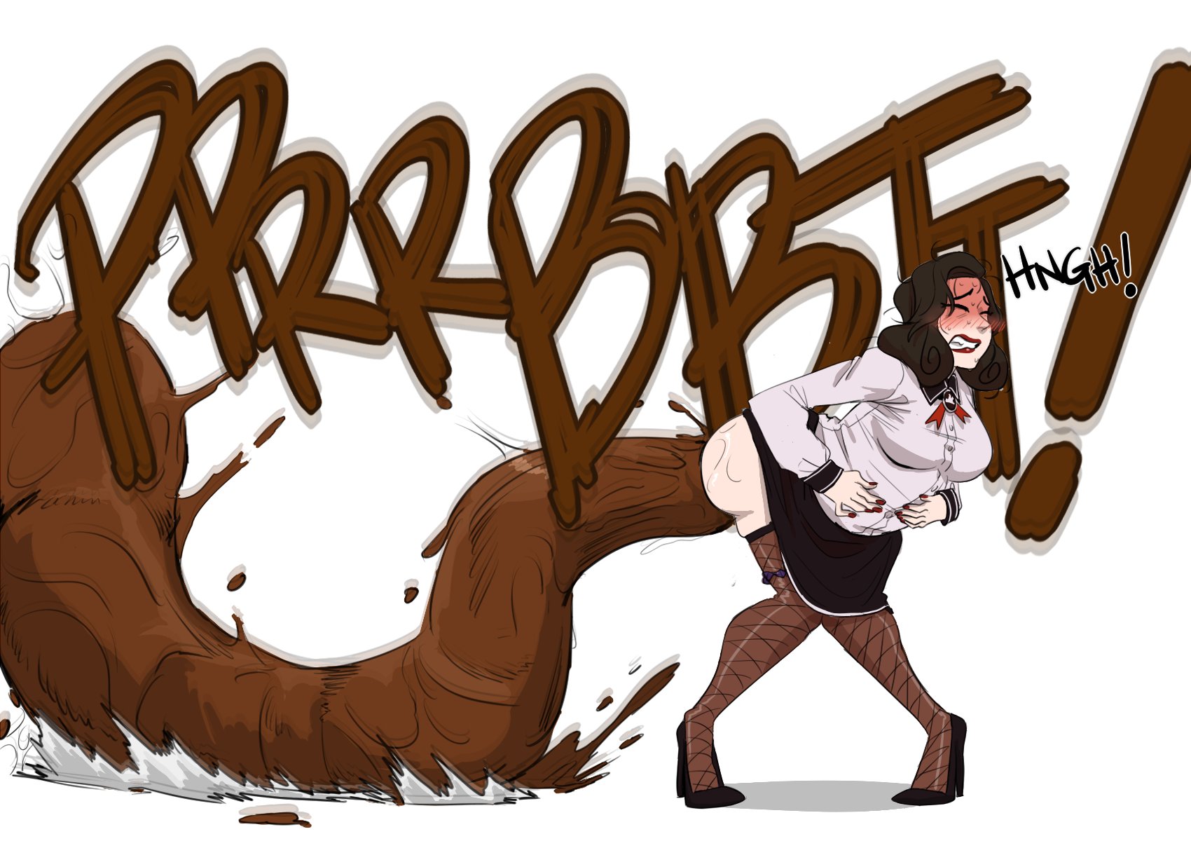 1girls, 2020s, 2023, 2023s, ass, big ass, big breasts, bioshock, bioshock infinite, black heels, black shoes, black skirt, blue eyes, blush, breasts, brown hair, brunette futa, brunette hair, burial at sea, buttoned shirt, comission, curvaceous, curvy, curvy body, curvy female, curvy figure, dark brown hair, dark hair, digital drawing (artwork), digital media (artwork), elizabeth comstock, elizabeth comstock (burial at sea), fair skin, fair skinned female, fair-skinned female, fair-skinned female body, female, female only, final part, fishnet clothing, fishnet legwear, fishnet stockings, full body, fully clothed, groaning, grunting, hands on belly, hyper, hyper feces, hyper scat, hyperscat, jpg, kirathepenguin, no background, onomatopoeia, part 4, part of a set, poop, pooping on floor, red lipstick, scat, shit, shitting, shitting on floor, shoes, short hair, simple background, skirt, solo, solo female, solo focus, text, thick legs, thick thighs, twitter link, video game character, video game franchise, video games, voluptuous, voluptuous female, white background, white shirt