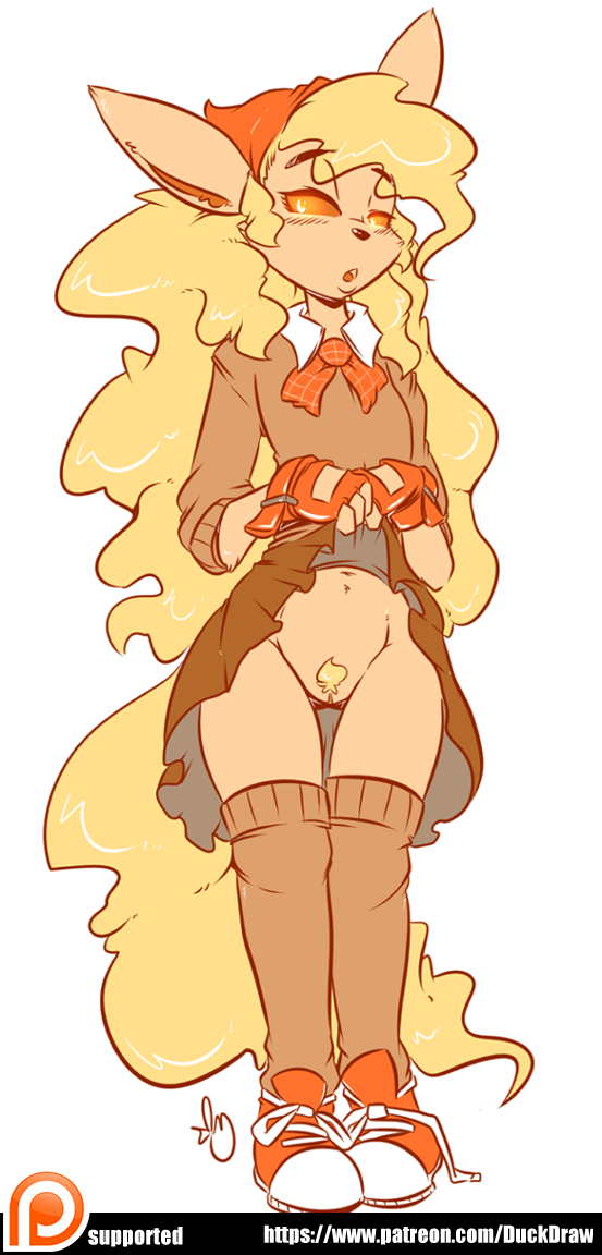 2015 anthro black_nose blonde_hair blush cinnamon_swirl clothed clothing duckdraw eeveelution female female_focus female_only fingerless_gloves flareon footwear fur furry furry_only gloves hair knee_socks legwear long_hair nintendo no_panties open_mouth original original_character patreon pokémon_(species) pokemon pokemon_(species) pubes pussy shirt shoes simple_background skirt skirt_lift socks solo text video_games watermark white_background