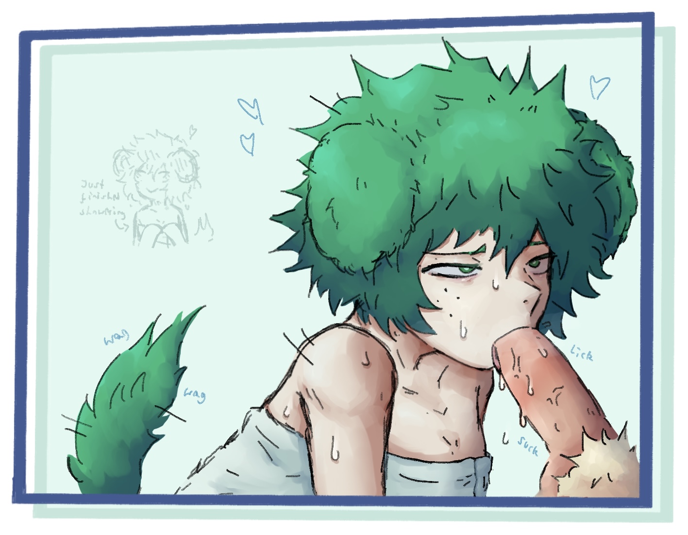 2boys, after shower, big cock, big dick, big penis, blonde pubic hair, blowjob, blowjob only, boku no hero academia, dog boy, dog ears, dog tail, dogboy, faceless character, faceless male, freckles, freckles on face, gay, gay blowjob, gay male, gay sex, green ears, green eyes, green hair, green tail, huge cock, izuku midoriya, katsuki bakugou, looking at partner, male focus, male only, male/male, my hero academia, oral, oral sex, pubic hair, puppyboy, puppyplay, redvanilla666, submissive male, sucking penis, tail, towel, towel only, wagging tail, wet, wet body, yaoi