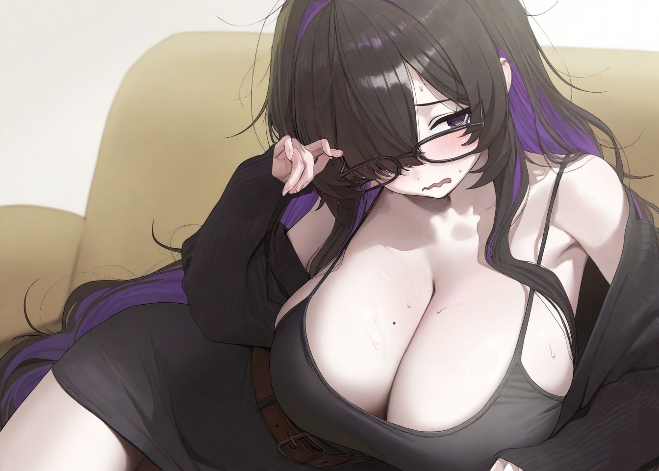 1girls, black dress, black hair, dress, female, female only, goddess of victory: nikke, hair over one eye, huge breasts, label (nikke), large breasts, looking at viewer, mole, mole on breast, pale skin, pale skinned female, pubic hair, purple eyes, simple background, sweat