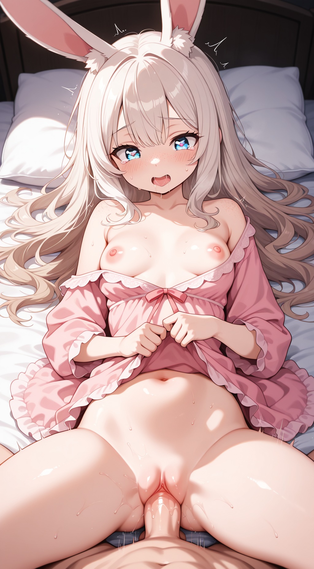 ai assisted, ai generated, blue eyes, breasts out, breasts out of dress, bunny ears, bunny girl, holding up nightgown, nightgown, nightgown lift, penis, petite breasts, petite female, petitei body, pink nightgown, sex, small breasts, tears of pleasure, vaginal penetration, vaginal sex, white hair