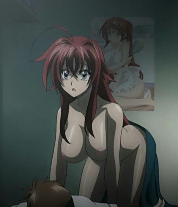 :o, ahoge, anime, anime screencap, anime screenshot, areolae, ass, bare shoulders, bedroom, big breasts, blanket, blue eyes, breasts, cleavage, collarbone, crossed bangs, female, female on top, hair between eyes, high school dxd, hyoudou issei, large breasts, long hair, male, morning, nipples, nude, official art, on all fours, on top, on top of another, red hair, rias gremory, screencap, screenshot, sidelocks, thighs, tnk (company), wide hips