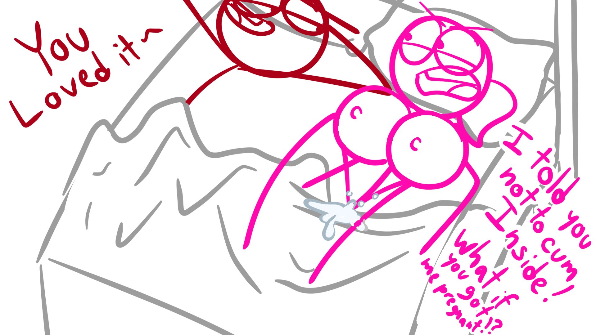 after sex, cum drip, cum puddle, dick figures, jaysonguzman567, pink (dick figures), red (dick figures), stick figure, stickman, stomach bulge, straight