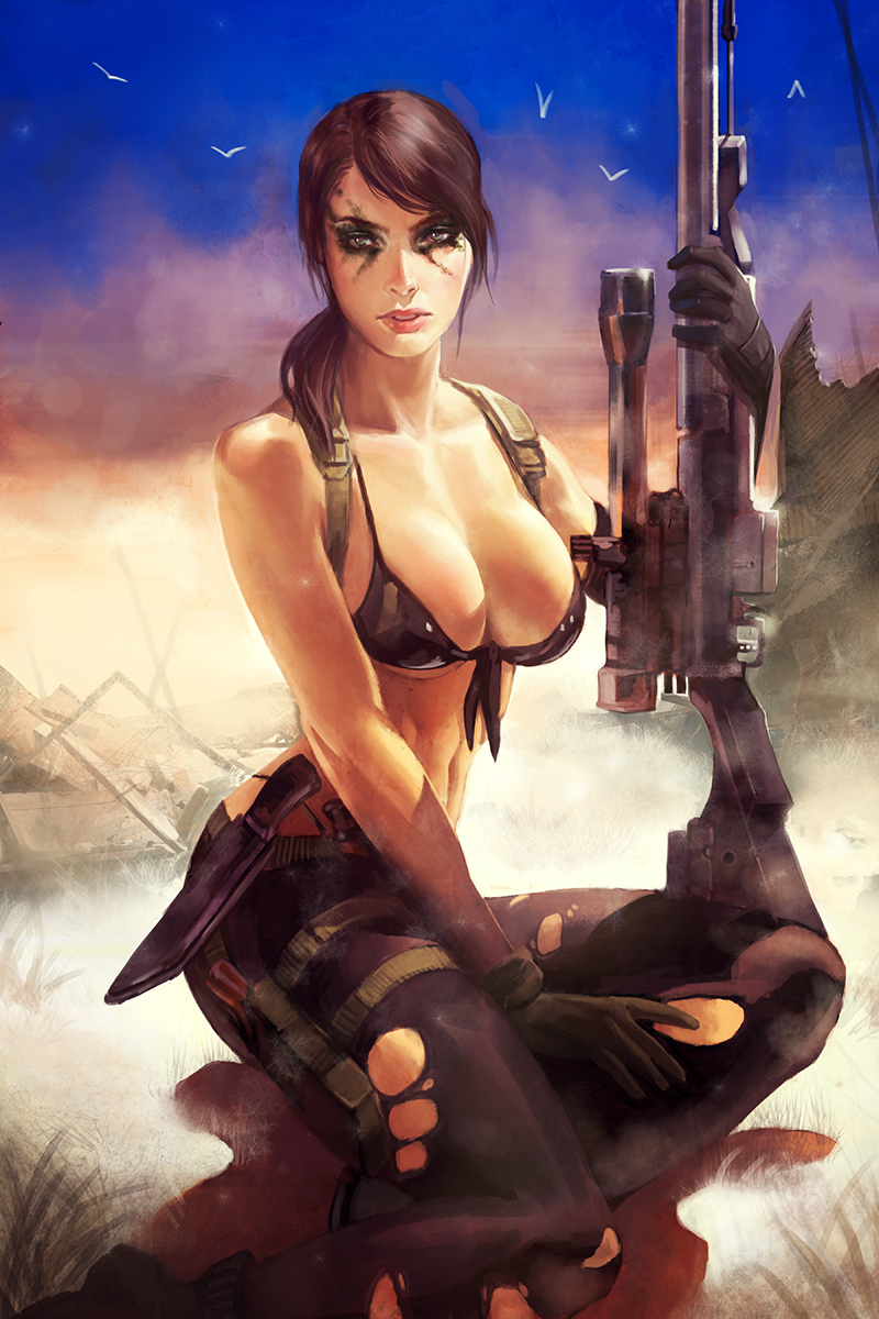 bikini_top boots brown_hair cleavage crystal_graziano female knife metal_gear metal_gear_solid metal_gear_solid_v pantyhose ponytail quiet_(metal_gear) sitting sniper_rifle solo stefanie_joosten tied_hair weapon