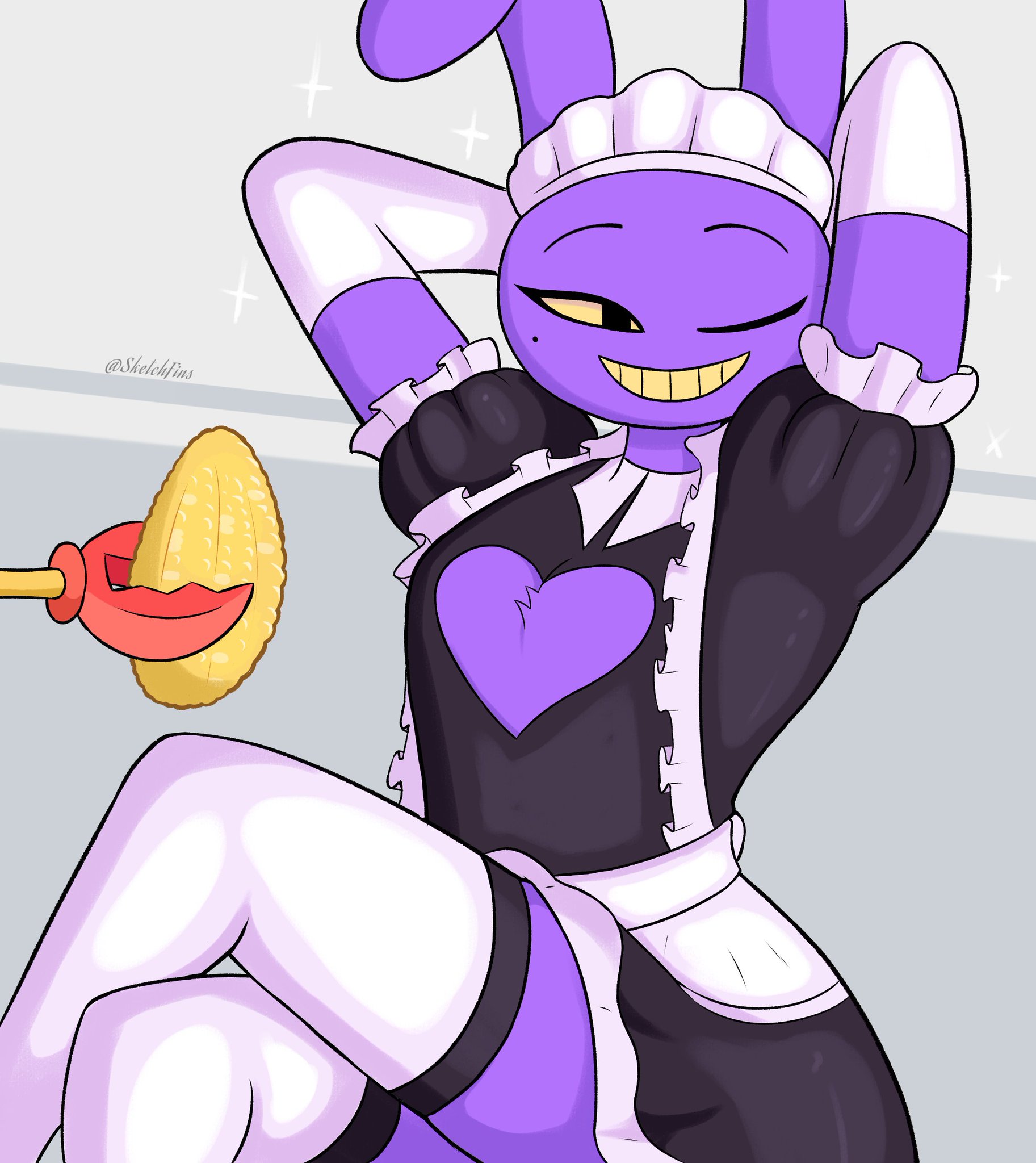 1boy, corn, femboy, glitch productions, jax (the amazing digital circus), maid jax (the amazing digital circus), maid outfit, male, male focus, male only, sketchfins, tagme, the amazing digital circus, winking, zooble (the amazing digital circus)