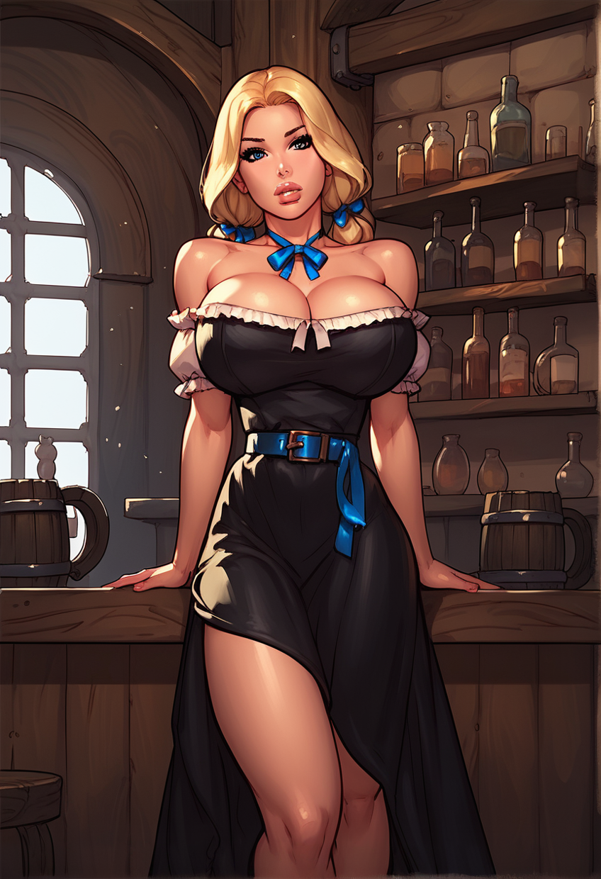 ai_generated big_breasts black_dress blonde_hair dress female female_only huge_breasts seneca_custer stable_diffusion standing tavern theofficialpit_(style) twintails wild_west