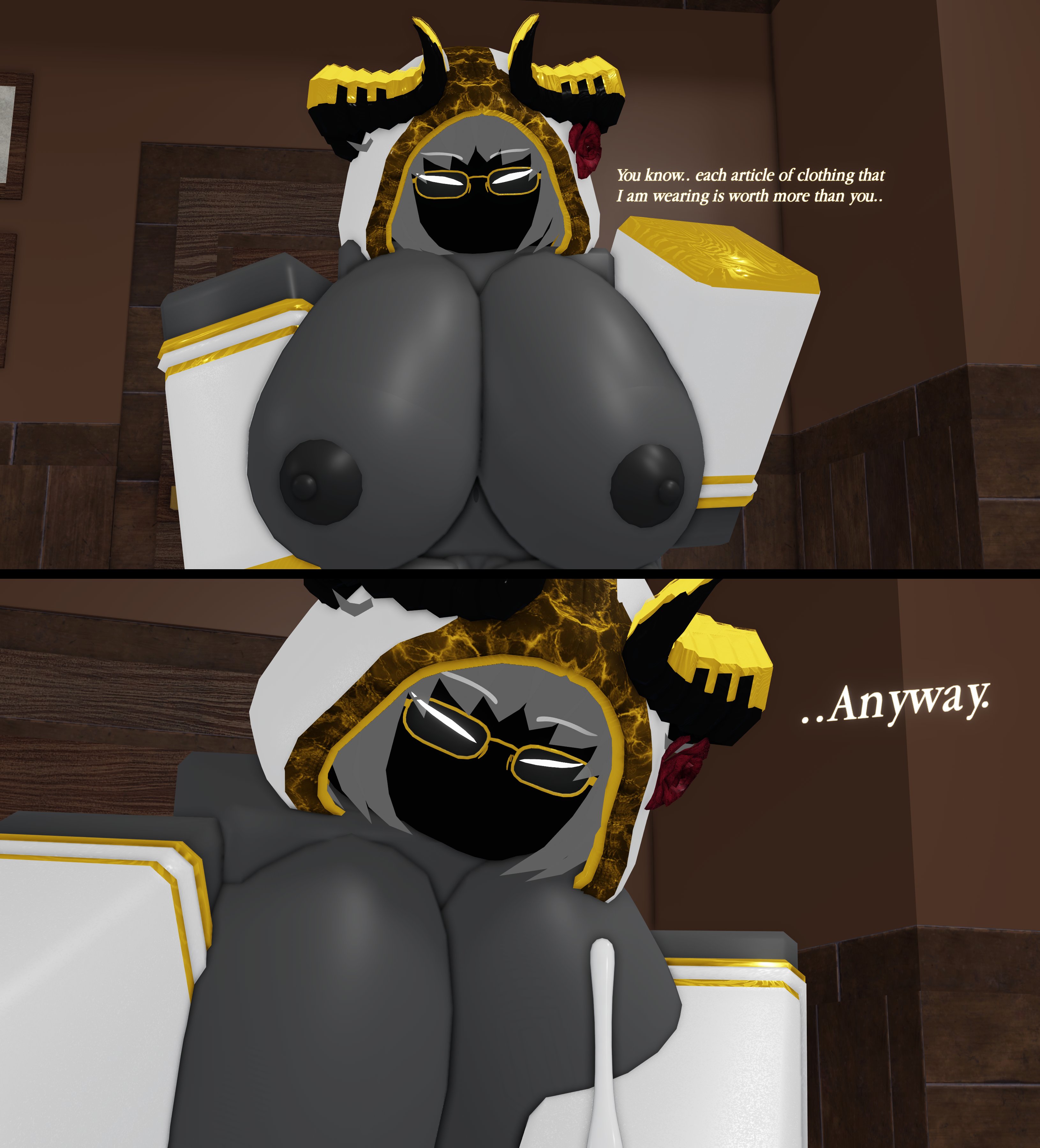 1boy, 1girls, 3d, big breasts, breasts, cum, cumshot, demon, demon girl, elyna (lampshaderr34), english text, female, gold horns, golden glasses, grey hair, handjob, lampshaderr34, male, male/female, nipples, premature ejaculation, roblox, roblox game, robloxian, tagme, text