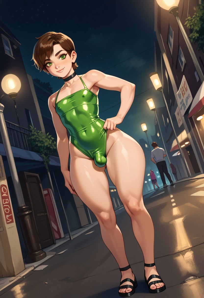 1boy, 1femboy, ai generated, alternate version available, belly, ben 10, ben tennyson, brown hair, bulge, crossdressing, femboy, feminine male, girly, green eyes, green swimsuit, jacky m, male, navel, nipples visible through clothing, one-piece swimsuit, outdoors, outside, standing, street, swimsuit, swimwear, trap