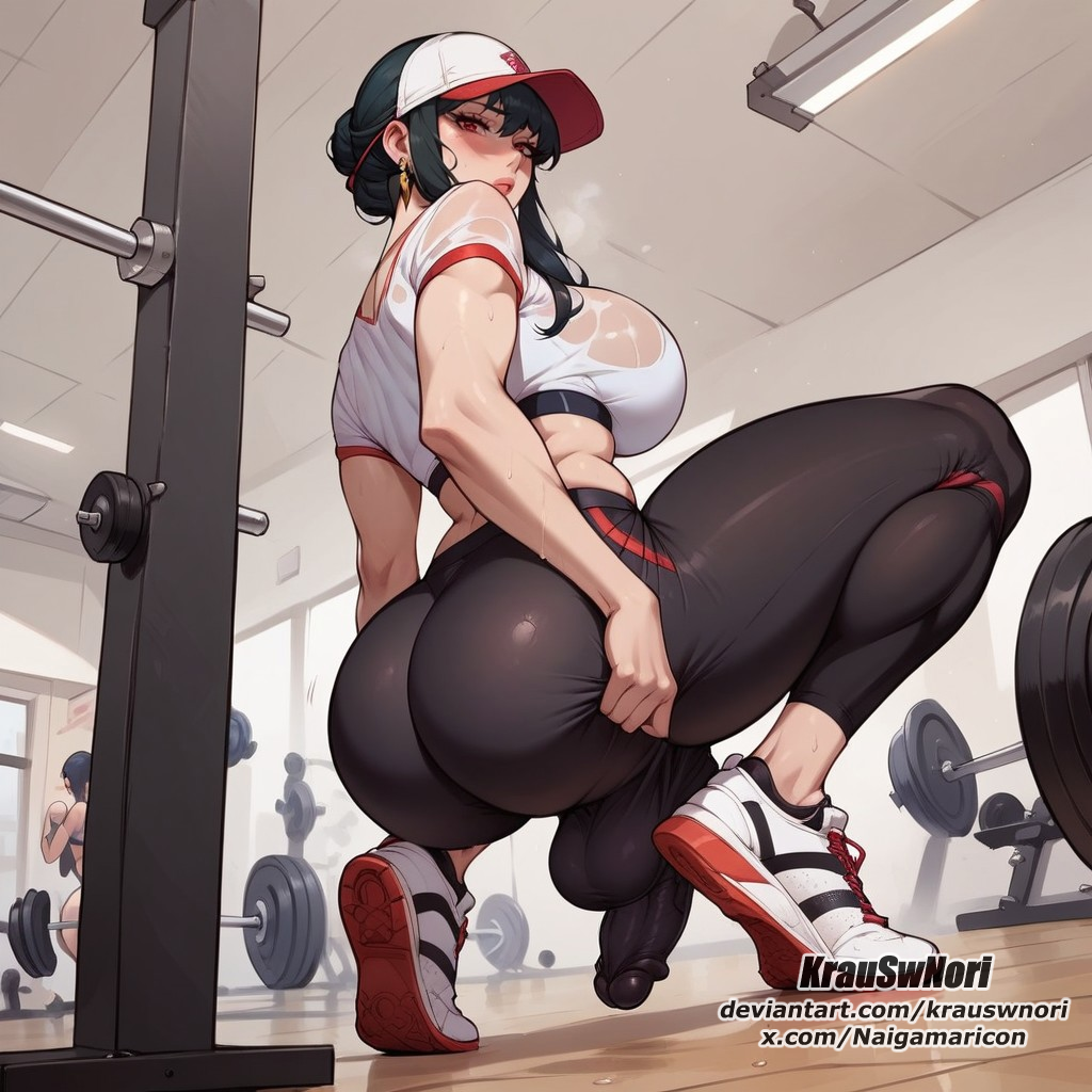 ai_generated big_penis bra cum cum_drip cum_on_body cum_on_breasts cum_on_face futa_focus futa_only futanari gym huge_ass huge_breast huge_butt huge_cock krauswnori yor_briar