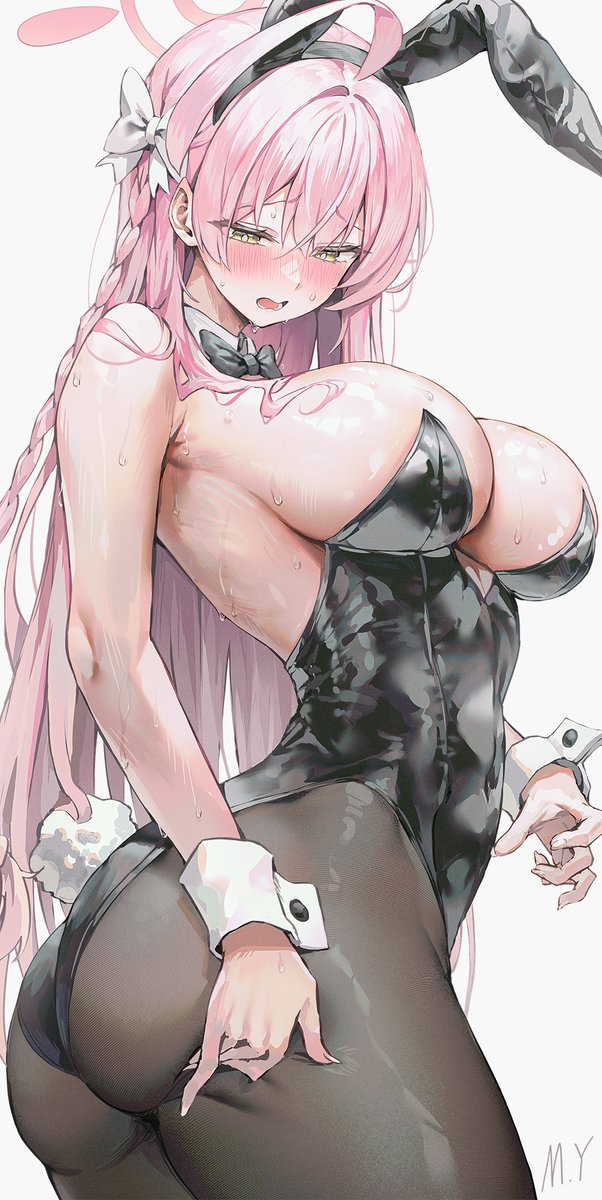 1girls, belly visible through clothing, big ass, black bunnysuit, blue archive, blush, breasts, bunnysuit, fake animal ears, fake rabbit ears, fake rabbit tail, fake tail, female, female only, hanako (blue archive), huge breasts, latex, light skin, light-skinned female, make-up work club (blue archive), myung yi, nose blush, pink hair, sideboob, stockings, sweaty breasts, trinity general school student