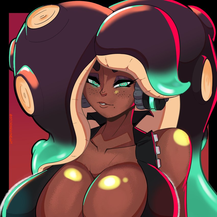 big_breasts breasts cleavage clothed clothing electronics eyelashes female freckles green_eyes headphones long_hair looking_at_viewer marina_(splatoon) markings massive_breasts mole nintendo octoling pseudo_hair solo splatoon stormrayneart tentacle_hair tentacles