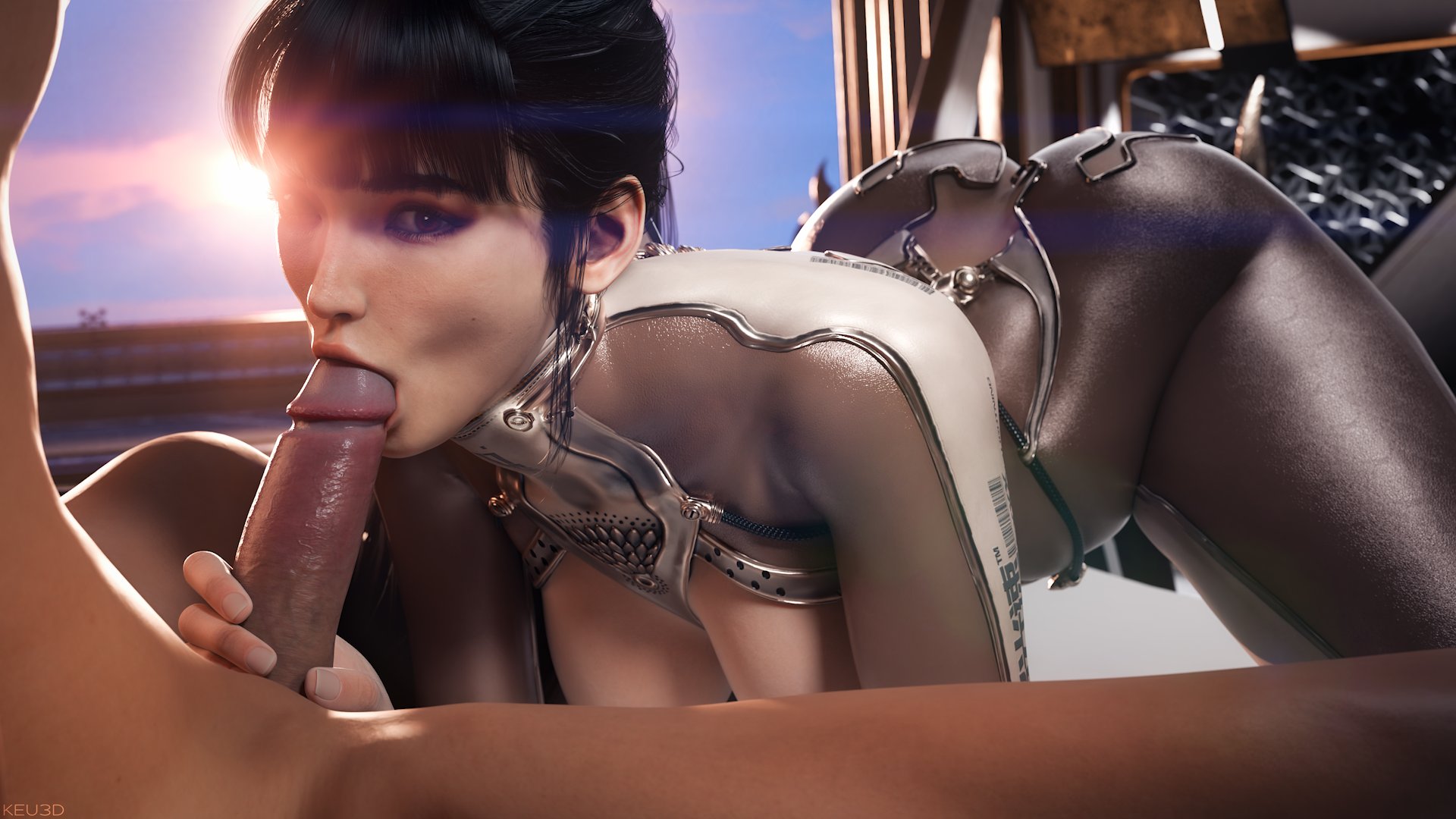 1boy, 1girls, 3d, ass, ass up, big ass, big butt, big thighs, black hair, blowjob, blowjob face, bodysuit, breasts, breasts out, clothed female nude male, dark hair, eve (stellar blade), fellatio, female, keu3d, latex, latex suit, light skin, light-skinned female, light-skinned male, male, male/female, nude, nude male, oral, oral sex, penis, skin suit (stellar blade), skin tight, stellar blade, sucking, sucking penis, sucking tip, tight clothes, tight clothing, watermark