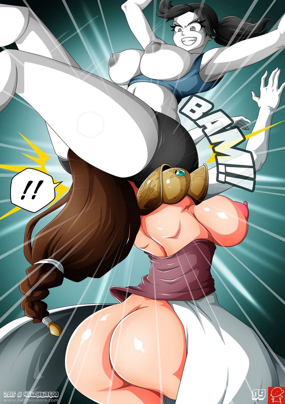 2015 2girls areolae ass big_ass breasts catfight comic english_text female female_only fight grey_eyes large_breasts multiple_girls nintendo nipples page_9 princess_zelda sexfight super_smash_bros. text the_legend_of_zelda thick_thighs twilight_princess voluptuous wii_fit wii_fit_trainer witchking00 yuri zelda_(twilight_princess)