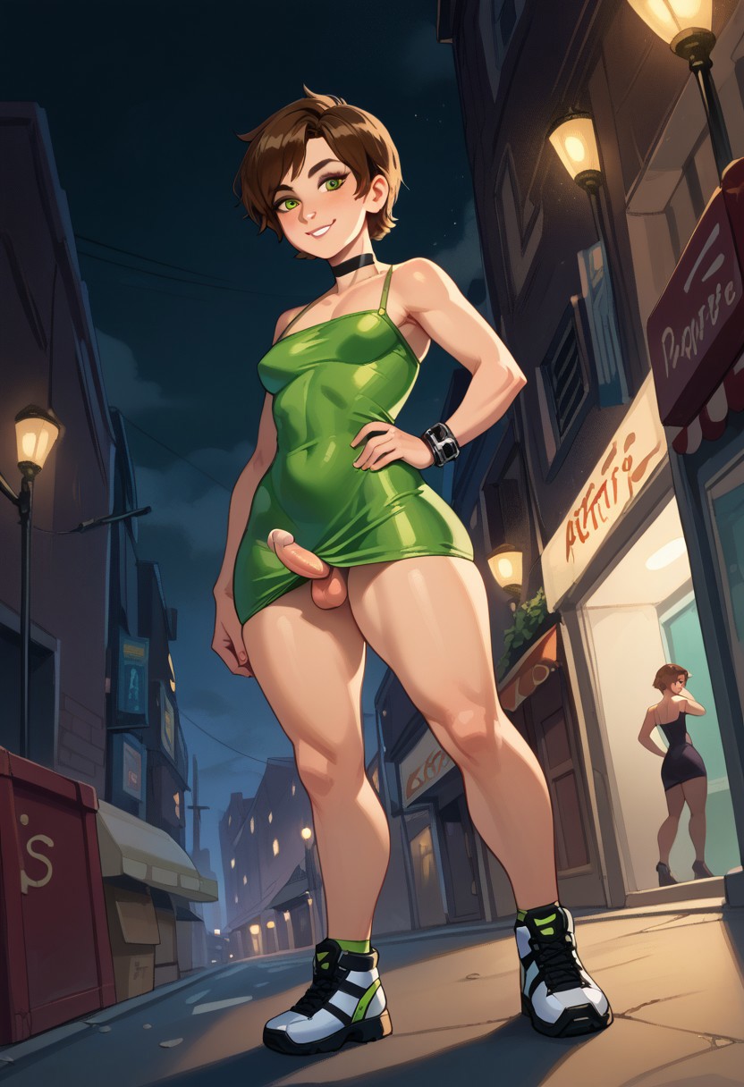 1boy, 1femboy, ai generated, alternate version available, ben 10, ben tennyson, brown hair, crossdressing, dress, erect penis, erection, femboy, feminine male, girly, green dress, green eyes, hand on own waist, hand on waist, jacky m, male, outdoors, outside, penis, penis out, penis out of dress, standing, street, trap