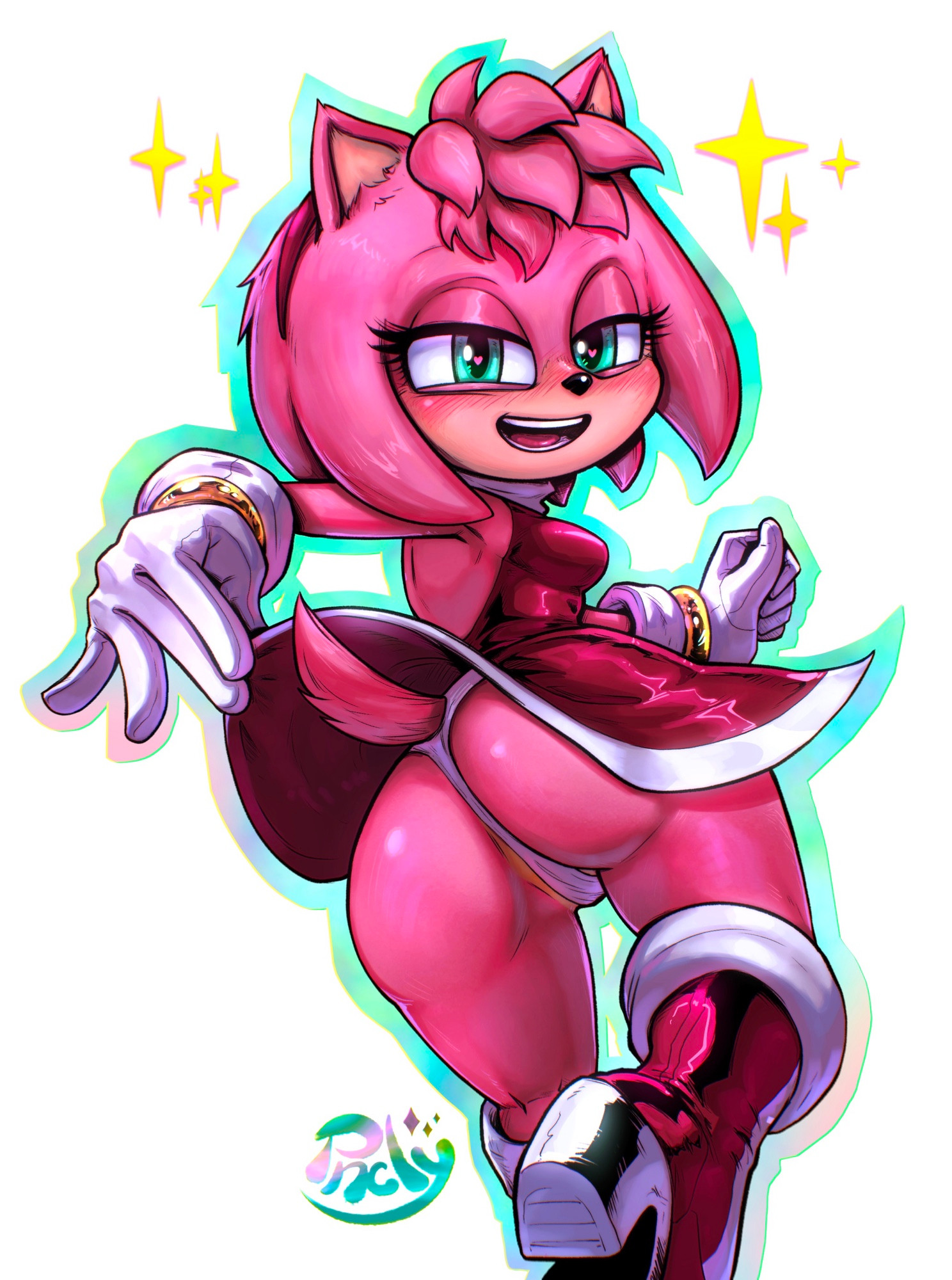 amy rose, amy rose (sonic movie), ass, bedroom eyes, dress lift, female, furry, gloves, grin, heart-shaped pupils, panties, phenecly, sonic (series), sonic the hedgehog (series)