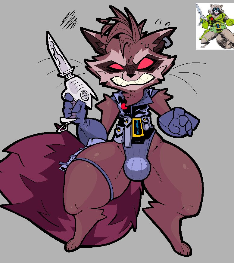 angry anthro brown_body brown_fur bulge earrings gloves guardians_of_the_galaxy gun huge_bulge marvel marvel_comics raccoon red_eyes rocket_raccoon sharp_teeth sweat thick_thighs thighs whiskers xexeezy