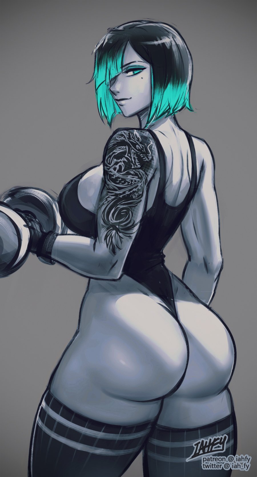 1girls aqua_eyes aqua_hair ass big_ass blue_hair female grey_background iahfy jade_(iahfy) leotard lifting looking_back mole mole_under_eye multicolored_hair original patreon_username simple_background spot_color tattoo thighhighs twitter_username watermark