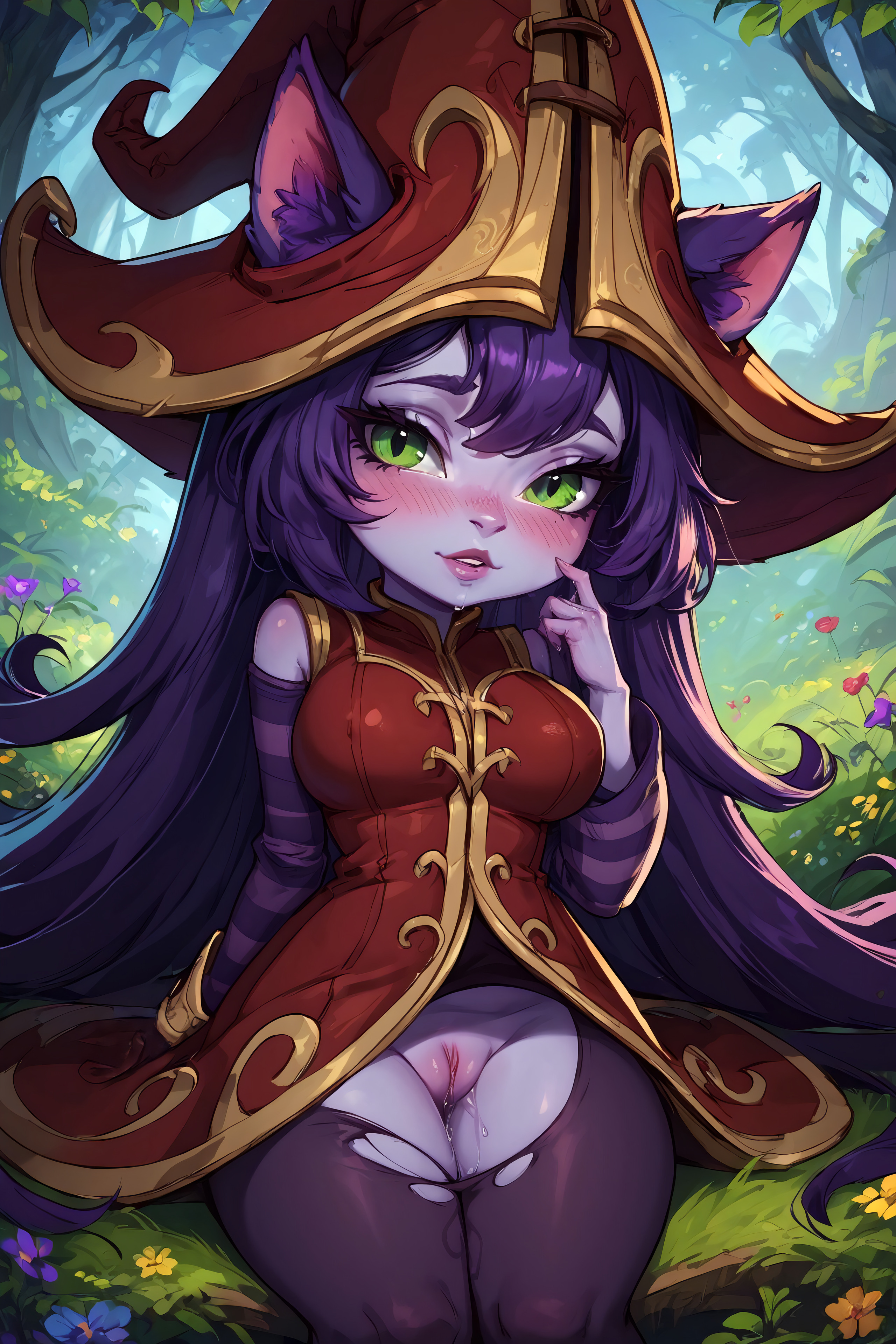 1girls, ai generated, animal ears, blue skin, blush, breasts, female, forest background, green eyes, hat, large breasts, league of legends, looking at viewer, lulu the fae sorceress, mantle, outdoors, pinup, purple hair, pussy, seductive, shortstack, solo female, sultryspark, torn pantyhose, yordle