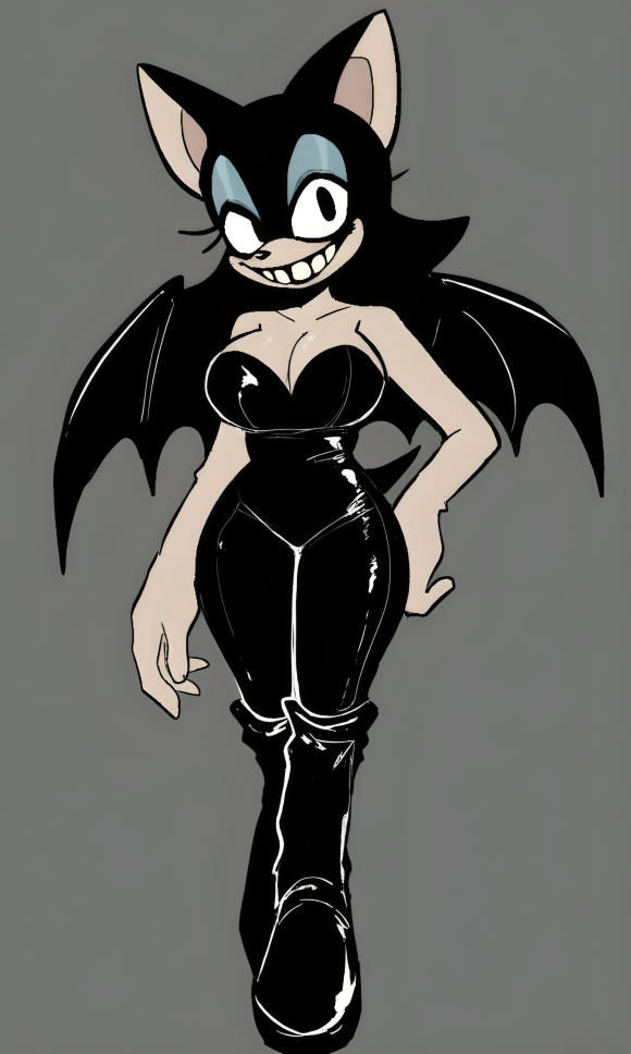 2017_x ai_generated bat bat_girl bat_wings big_breasts black_bodysuit black_clothing black_eyes black_fur black_hair bodysuit clothed creepy_smile curvy eyelashes eyeshadow female gray_background heel_boots looking_at_viewer lowered_eyelids no_gloves pale_skin pixai rouge_the_bat shiny_clothes simple_background smile solo sonic.exe_(series)