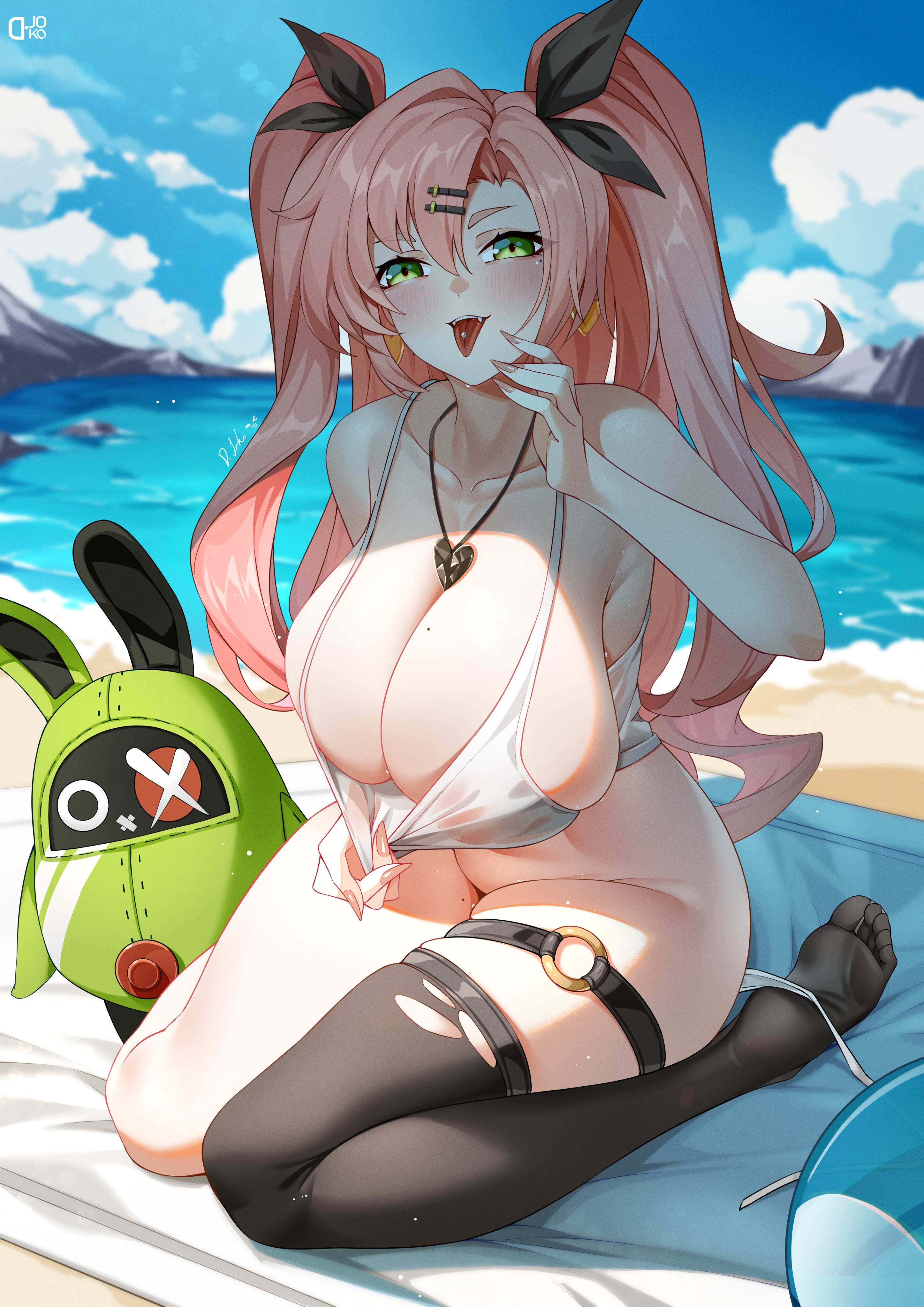1girls, amillion (zenless zone zero), beach, big breasts, bikini bottom, bikini bottom removed, black thighhighs, blush, breasts, cleavage, d. joko, ear piercing, earrings, feet, female, female focus, female only, green eyes, hair, hair ornament, hair ribbon, hairclip, heart earrings, huge breasts, large breasts, legwear, long hair, mole, mole on breast, mole on thigh, mole under eye, nails, necklace, neckwear, nicole demara, pierced tongue, piercing, pink hair, ribbon, skindentation, tank top, thick thighs, thigh strap, thighhighs, thighs, tongue, tongue out, tongue piercing, twintails, white tank top, zenless zone zero