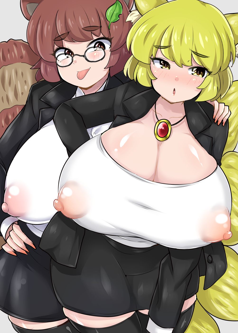 breasts business_suit cleavage fox fox_ears fox_tail glasses huge_breasts kitsune mamizou_futatsuiwa nipples_visible_through_clothing norori ran_yakumo tagme tanuki touhou