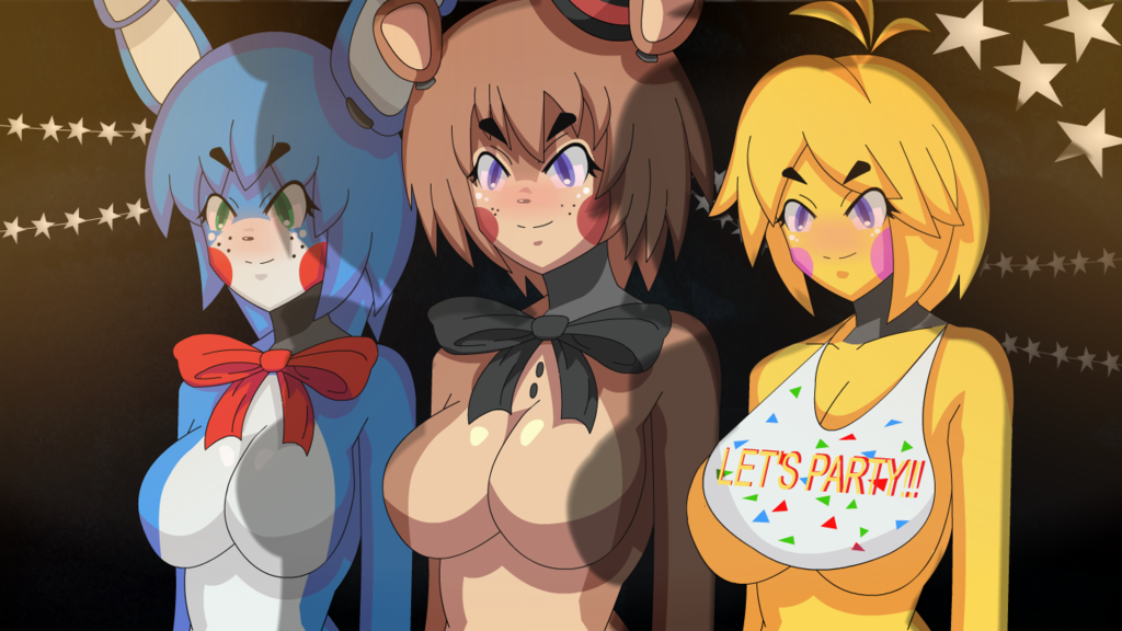 3girls animatronic bear_ears bib blue_hair blush bow_tie breasts brown_hair female five_nights_at_freddy's five_nights_at_freddy's_2 five_nights_in_anime five_nights_in_anime_2 fur green_eyes humanized large_breasts mairusu-paua mechanical multiple_girls purple_eyes rabbit_ears robot rule_63 smile top_hat toy_bonnie_(fnaf) toy_chica_(fnaf) toy_freddy_(fnaf) yellow_hair