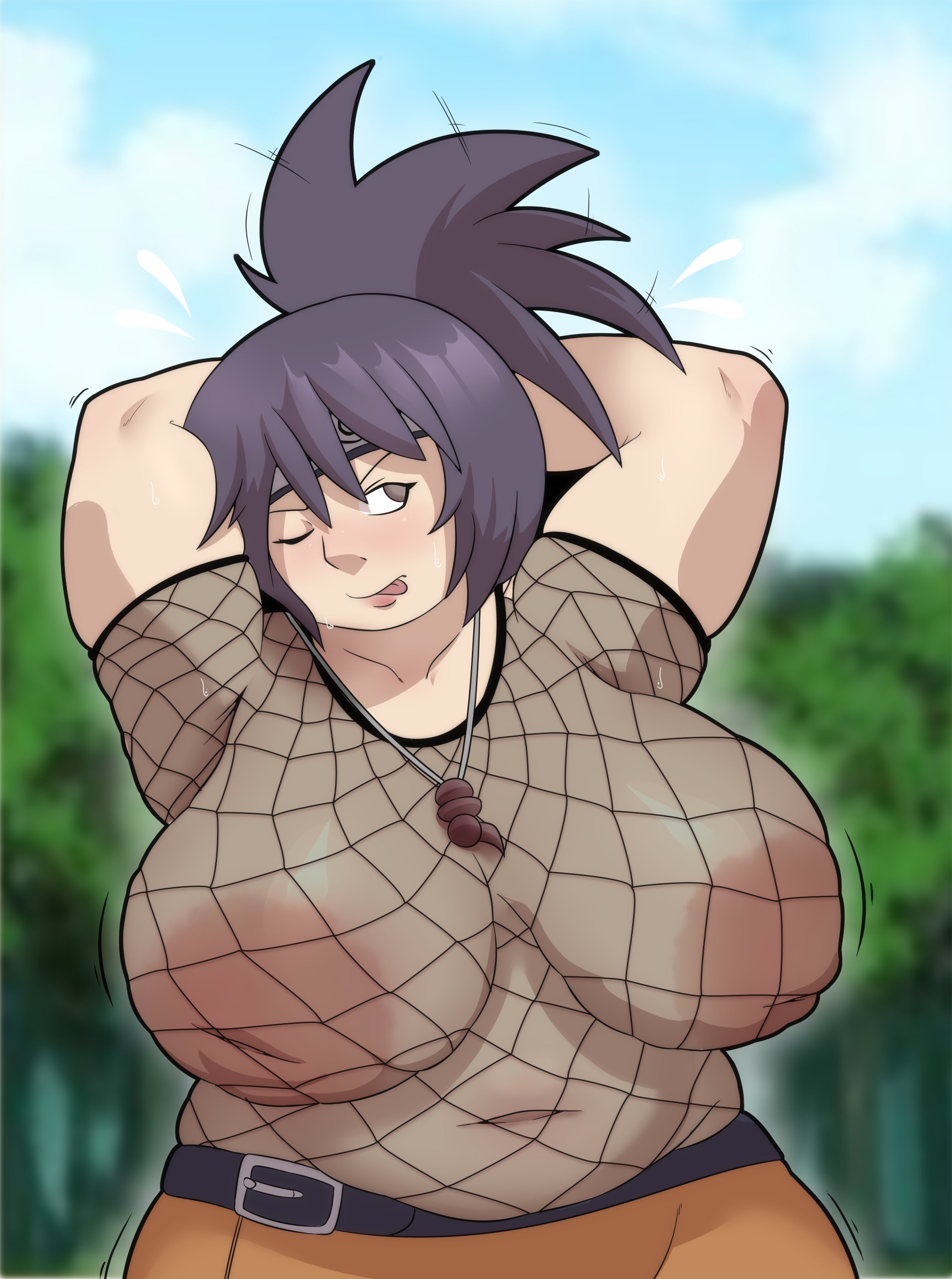 100 nails, 1girls, bbw, belly, big breasts, breasts, chubby, chubby female, fat, female, female only, huge breasts, inverted nipples, mesh shirt, mitarashi anko, morbidly obese, naruto, naruto (series), nipples, overweight, overweight female, purple hair, solo