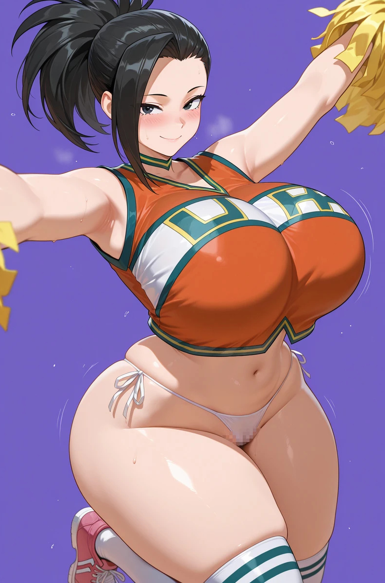 ai_generated arfx asian asian_female bare_thighs black_eyes black_hair blush boku_no_hero_academia cheerleader gigantic_breasts huge_breasts huge_thighs light-skinned_female light_skin looking_at_viewer massive_breasts momo_yaoyorozu my_hero_academia panties pantyhose pompoms ponytail shounen_jump smiling solo_female squatting sweat sweatdrop thick_body thick_female thick_thighs thighs u.a._cheerleader_outfit voluptuous voluptuous_female