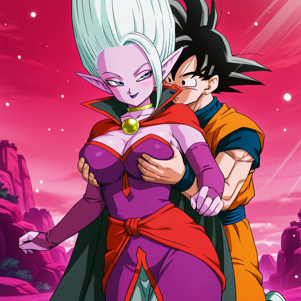 ai_generated big_breasts blue_tongue breasts cute_face dr._arinsu dragon_ball dragon_ball_daima dragon_ball_super dragon_ball_z goku grabbing_breasts groping_breasts large_breasts lipstick nail_polish outside pantyhose purple_eyes purple_skin seductive_smile sexy smile son_goku villain white_boots white_hair