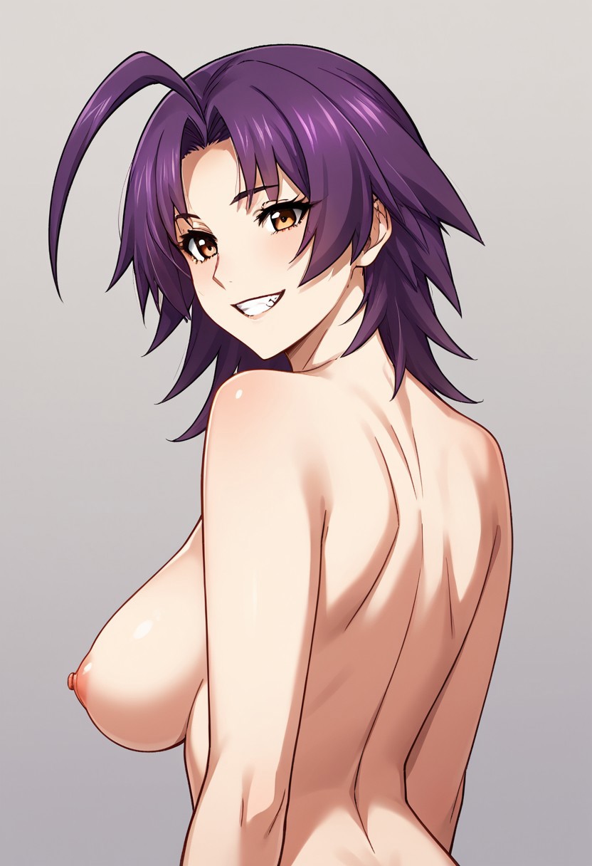 ahoge ai_generated azuma_marina back bare_shoulders big_breasts breasts cleavage completely_nude female grin huge_breasts isogil kashidashi_tsuma_marina_no_"netorase"_houkoku_binkan_tsuma_to_zetsurin_daigakusei looking_at_viewer looking_back looking_back_at_viewer nipples nude nude_female purple_hair seductive shiny_skin short_hair shoulder_blades smile