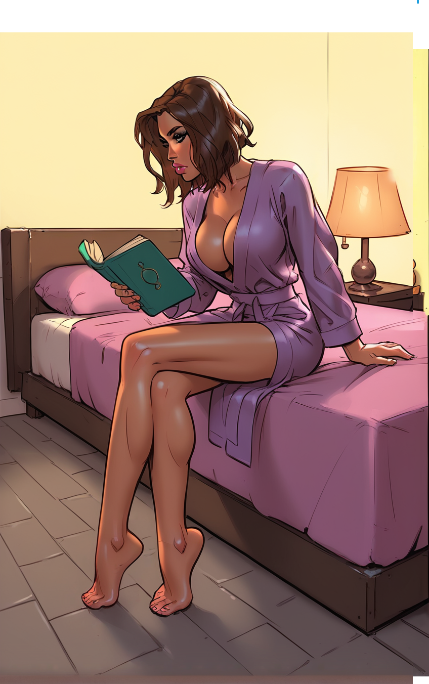 1girl ai_generated bathrobe big_breasts brown_hair coxville_stories crossed_legs female female_only fit fit_female huge_breasts on_bed purple_bed_sheet short_hair sitting sitting_on_bed stable_diffusion theofficialpit_(style)