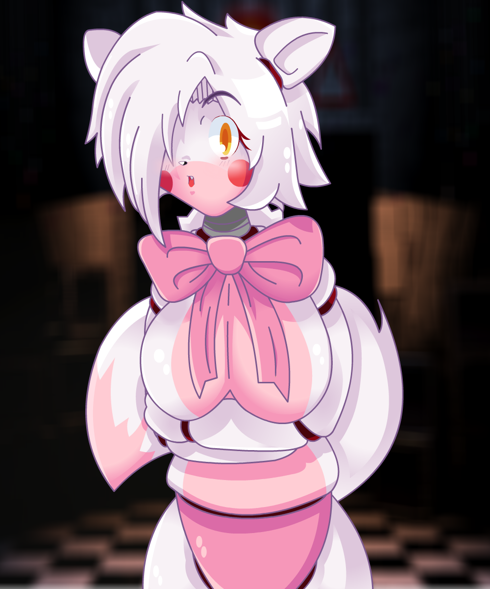 animatronic blush bow_tie breasts female female_only five_nights_at_freddy's five_nights_in_anime fox fox_ears fur hair_over_one_eye hi_res large_breasts looking_at_viewer mairusu-paua mangle_(fnaf) mechanical open_mouth pink_panties robot solo tail teeth white_fur white_hair yellow_eyes