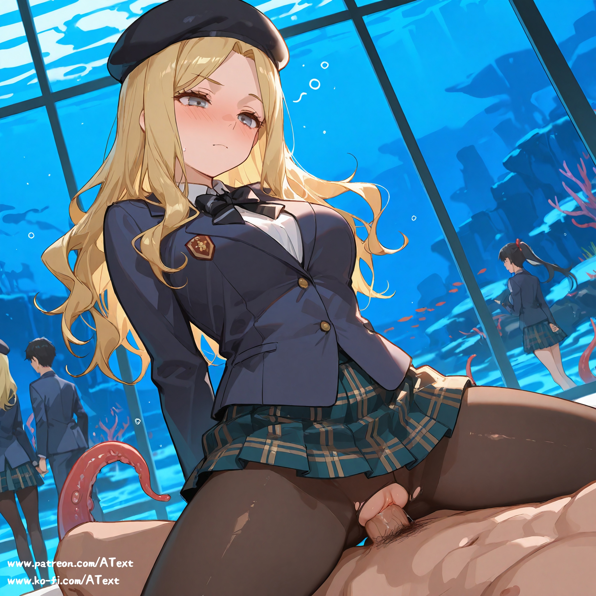 1girls, ai generated, aquarium, beret, blazer, blonde hair, breasts, cameltoe, confused, cowgirl position, drunk, female, frenda seivelun, grey eyes, hat, jacket, large breasts, long hair, male, male/female, pantyhose, plaid, plaid skirt, public, public sex, pussy, ribbon, school uniform, skirt, tentacle, to aru majutsu no index, vaginal penetration, vaginal sex