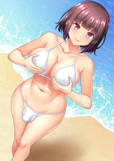 1futa alternate_version_at_source beach big_breasts bikini breasts brown_hair bulge bulge_through_clothing clothed clothing flaccid futa_only futanari grabbing_own_breast human kinokogohan mostly_nude nipple_bulge pink_eyes solo