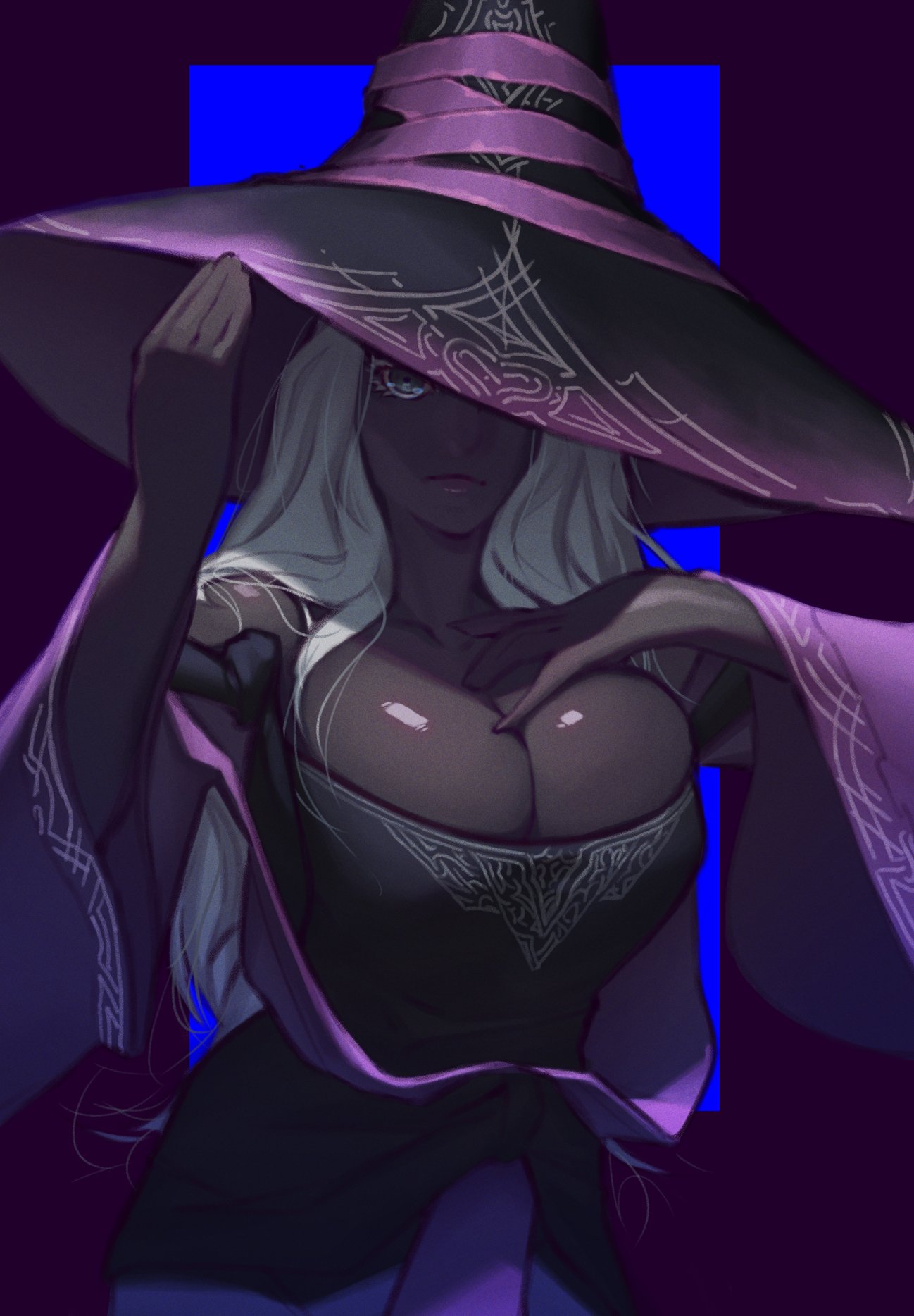 1girls artist_request big_breasts busty cleavage dark-skinned_female dark_skin elden_ring elden_ring_nightreign female female_only fromsoftware huge_breasts large_breasts recluse_(nightreign) the_eye_of_war white_hair witch witch_costume witch_hat