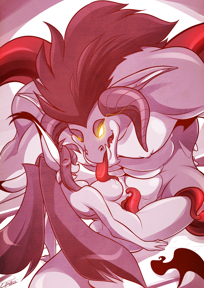 anthro ayah_(chalo) big_dom_small_sub breasts canine chalo demon duo female fennec fox glowing glowing_eyes horn larger_male las_lindas licking male mammal monochrome nipples nude open_mouth penis size_difference smaller_female straight tentacle tongue tongue_out