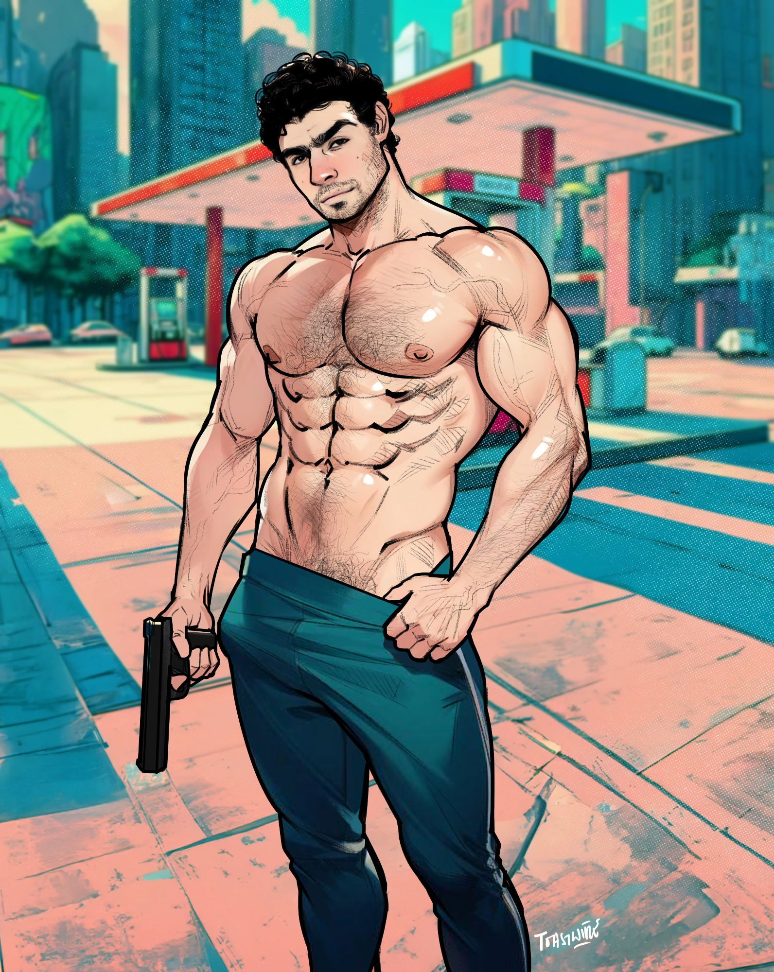 bara, bulge, chest hair, city background, gun, looking at viewer, luigi mangione, male, muscular, muscular male, outdoors, stubble, veins, yaoi