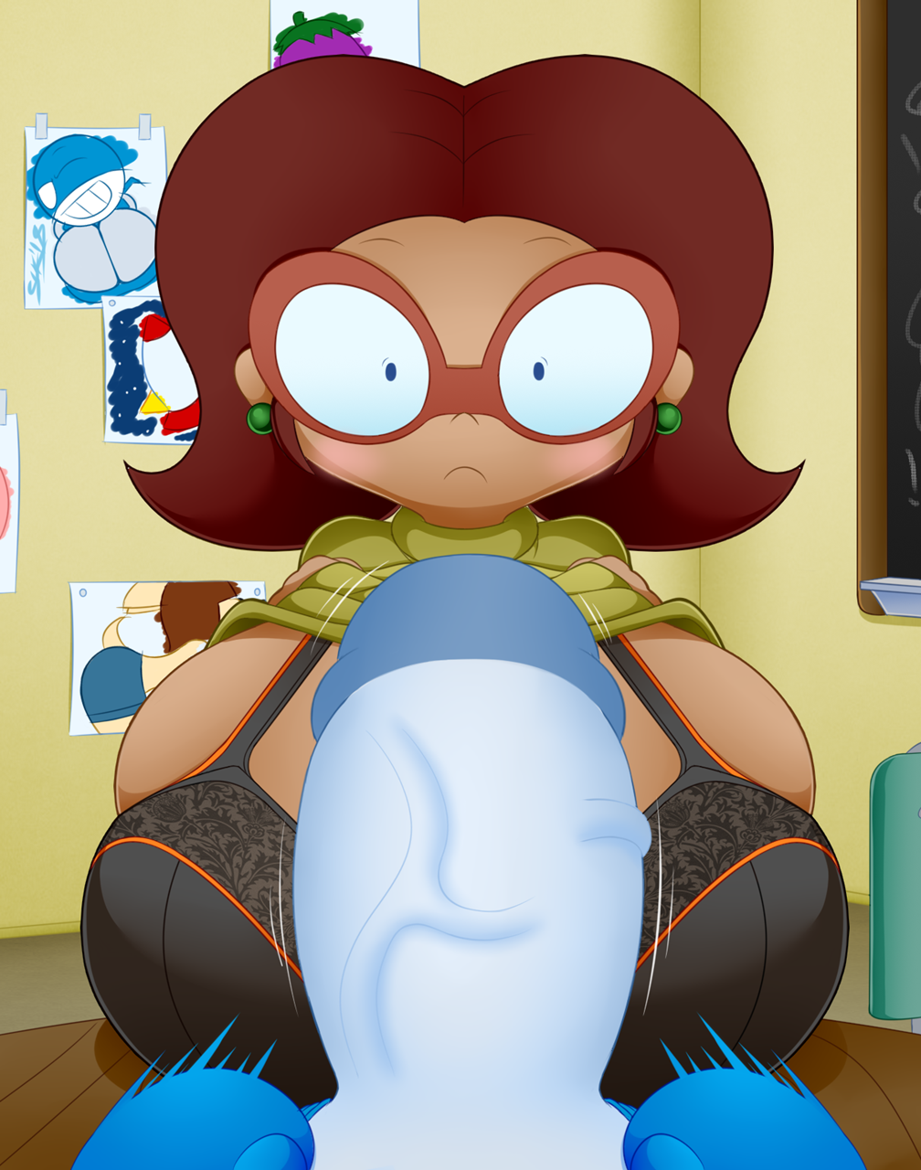 1boy, 1girls, alternate breast size, artist signature, background, big breasts, blue penis, bra, breasts, breasts bigger than head, brown hair, chalkzone, dark skin, dark-skinned female, earrings, female, glasses, huge breasts, huge cock, male, milf, paizuri, partial male, penis, penny sanchez, slickehedge, snap (chalkzone), titjob, titjob pov, vein, veiny penis