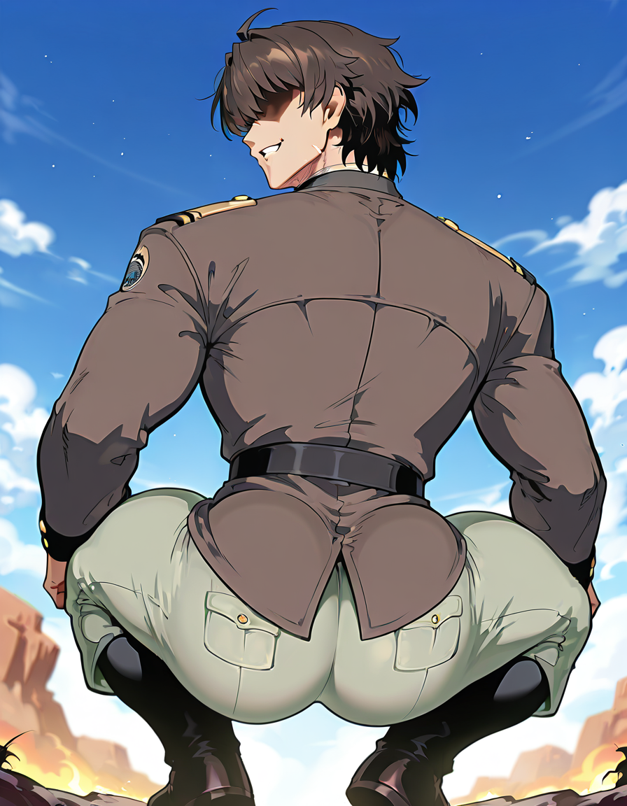 1boy ai_generated boots broly_culo commander_(nikke) eyeless eyeless_male goddess_of_victory:_nikke grin huge_ass looking_back mature_male military military_uniform muscular_male silvesta squatting stable_diffusion thick_ass thick_thighs