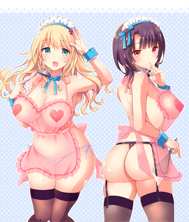 2girls apron ass atago_(kantai_collection) blonde_hair blush breasts brown_eyes detached_collar frills green_eyes heart_pasties kantai_collection ladle long_hair looking_at_viewer maid_headdress mozuya_murasaki multiple_girls naked_apron pasties polka_dot_background purple_hair see-through takao_(kantai_collection) thighhighs whisk wrist_cuffs