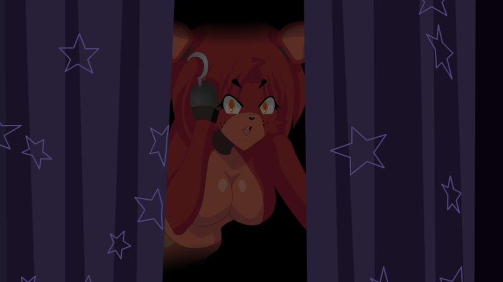 animatronic breasts brown_panties dark_room female female_only five_nights_at_freddy's five_nights_in_anime fox fox_ears foxy_(fnaf) foxy_(fnia) fur hook looking_at_viewer mairusu-paua mechanical open_mouth robot rule_63 solo yellow_eyes