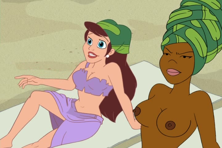 2girls beach beach_towel breasts dark-skinned_female dark_nipples dark_skin drawn_together edit female female_only foxxy_love nipples nude_filter pale-skinned_female pale_skin princess_clara production_studio_for_tv_series screencap screenshot third-party_edit