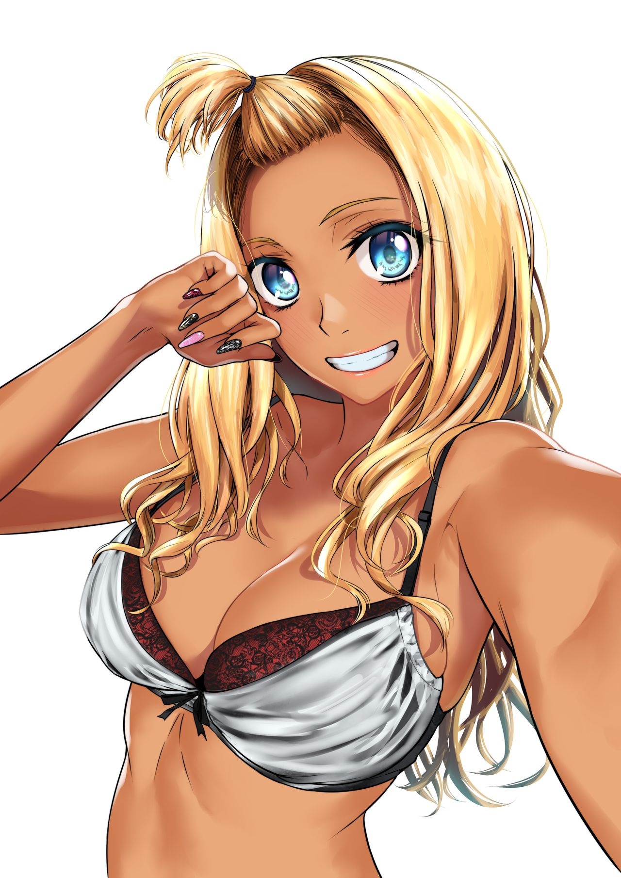 1girls 2d 2d_(artwork) 2d_artwork blonde_female blonde_hair blonde_hair blonde_hair_blue_eyes blonde_hair_female blue_eyes bra dark-skinned_female dark_skin dark_skinned_female female female_focus female_only gal gyaru gyaru_gal hair_up kuro_gyaru lace_trim lace_trimmed_bra more_at_source painted_nails selfie tamabi tamabian