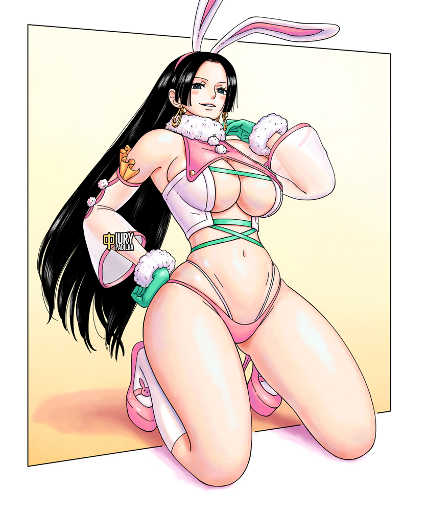 1girls, artist name, big breasts, black hair, black-haired female, boa hancock, breasts, bunny ears, busty, cleavage, clothing, curvy, earrings, female, female only, fluffy collar, heels, high heels, iury padilha, knee socks, kneehighs, kneeling, kneesocks, light skin, light-skinned female, one piece, revealing clothes, skimpy clothes, skindentation, socks, socks and heels, thick thighs, underboob, white socks, wide hips