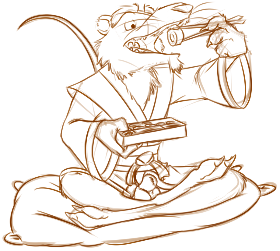 1boy 4_fingers anthro balls bottomless claws clothed clothing eating food half-dressed male male_only mammal master_splinter rat rodent sheath sketch solo sushi tagme teenage_mutant_ninja_turtles weaselgrease