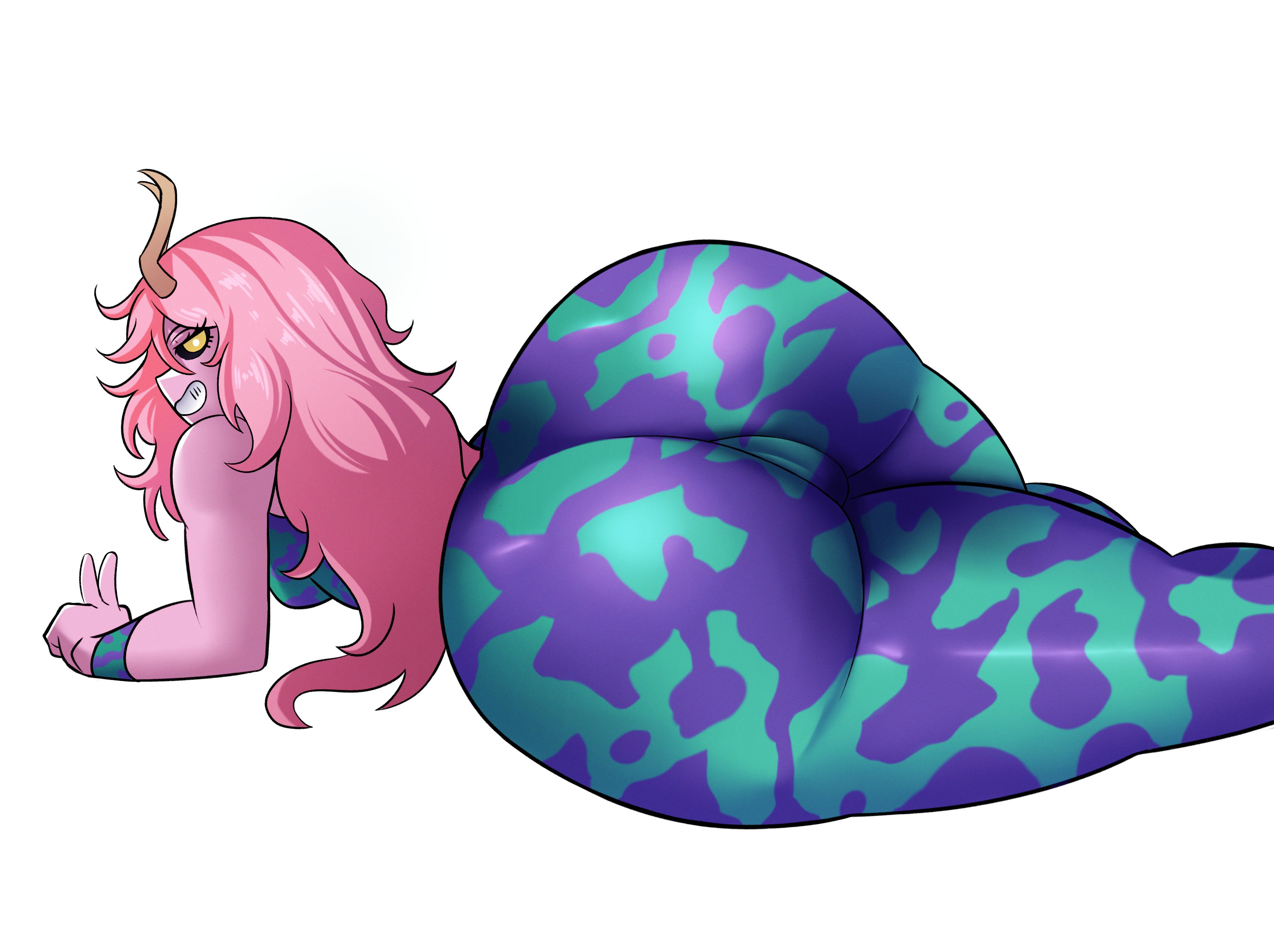 ass, big ass, female, haikidess, hero outfit (mha), horns, long hair, looking back, lying, lying on stomach, mina ashido, mina ashido time-skip, my hero academia, my hero academia (finale), pink hair, pink skin, post-timeskip, solo, thick thighs, thighs, yellow eyes