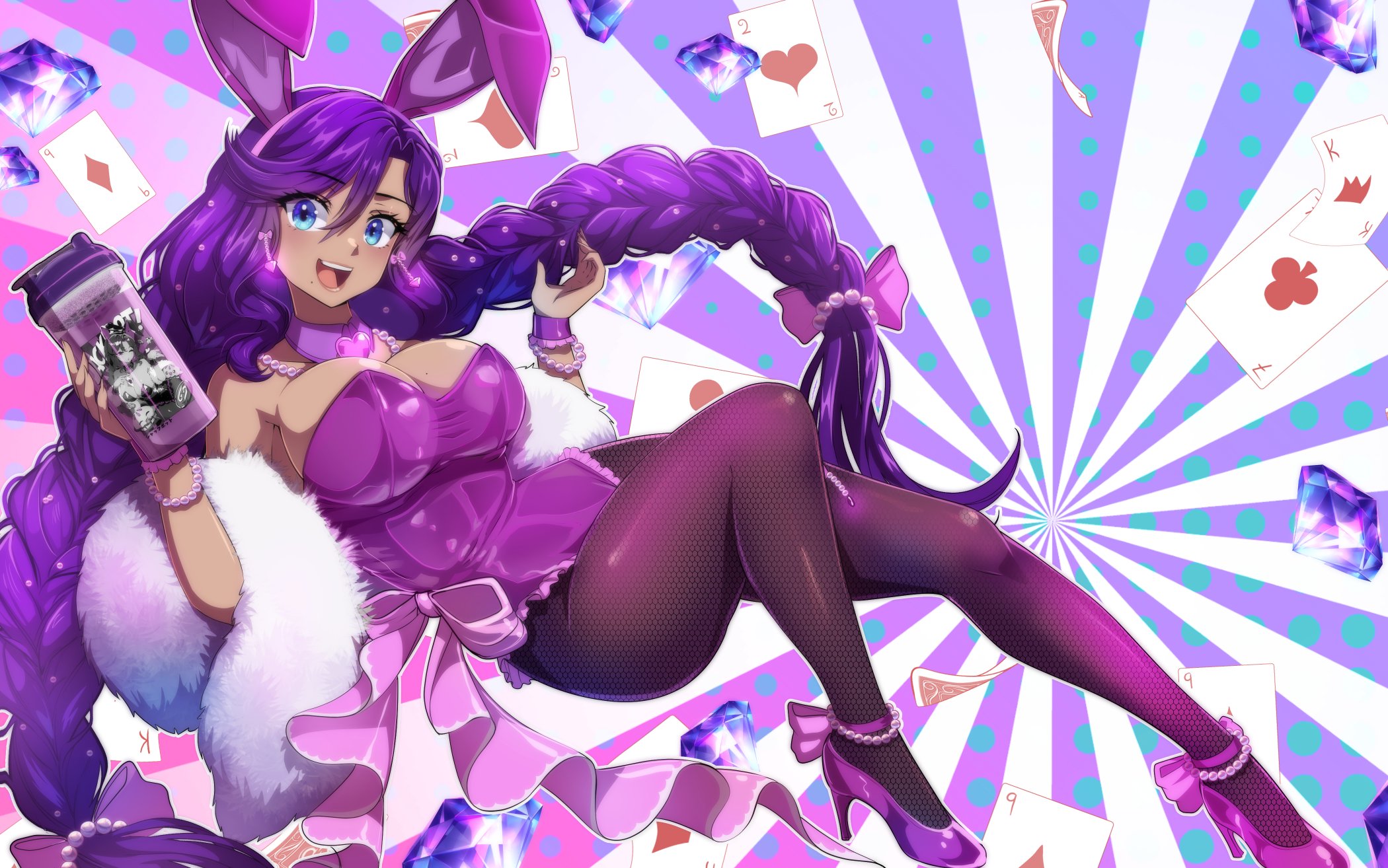 :d, 1girl, 1girls, animal ears, bead bracelet, beads, big breasts, blue eyes, bracelet, braid, braided twintails, breasts, bunny ears, bunny girl, bunnysuit, card, cha cha (vtuber), cleavage, cup, curvy, dark skin, dark-skinned female, earrings, fake animal ears, female, gem, heart, heart earrings, high heels, highres, indie virtual youtuber, jewelry, large breasts, latina, legs, leotard, long hair, mature female, milf, mole, mole on breast, mole under mouth, mommy, open mouth, pantyhose, playing card, purple hair, purple leotard, purple wrist cuffs, rabbit ears, roisin, smile, solo, thighs, tits, very long braid, very long hair, virtual youtuber, vtuber, wrist cuffs