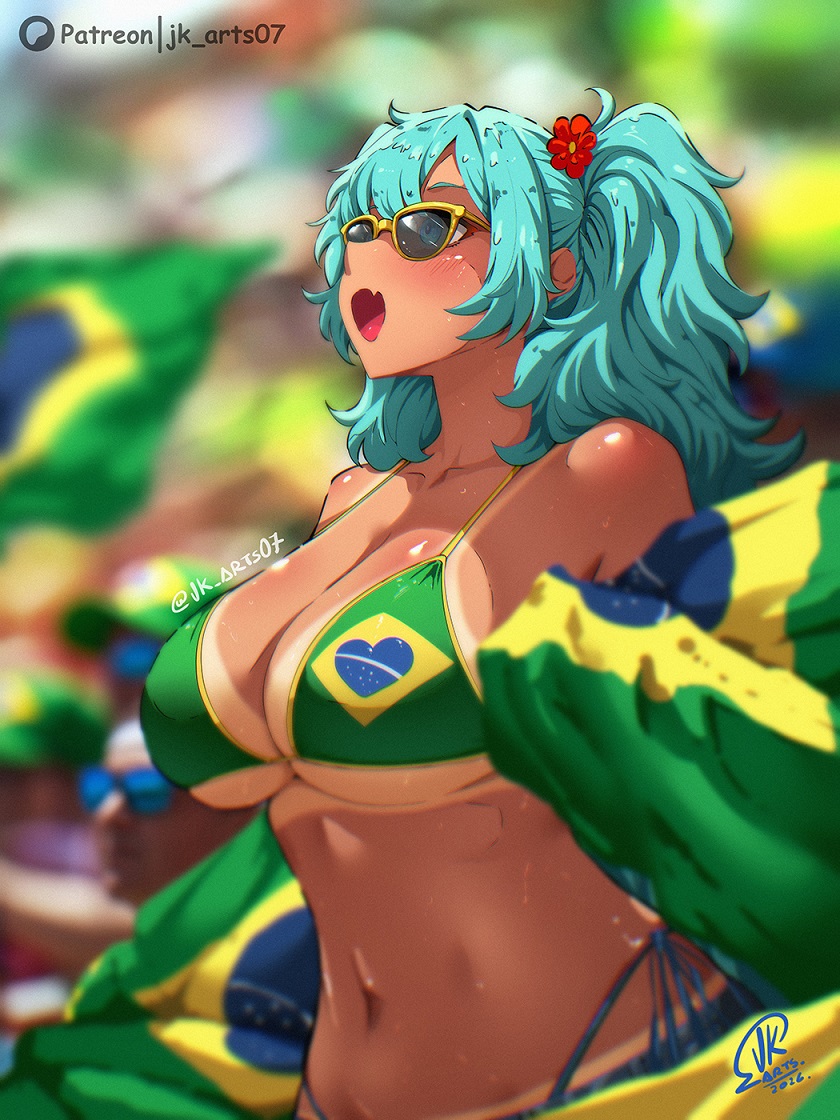 1girls, 2026, 2d, aqua eyes, aqua hair, artist name, artist signature, big breasts, bikini, bikini top, blue eyes, blue hair, blurry background, blush, blushing, brazilian, brazilian female, brazilian flag, brazilian miku, breasts, cleavage, clothed, curvaceous female, curvy, curvy female, cyan eyes, dark-skinned female, english text, eyewear, female focus, flag bikini, flower, flower in hair, green bikini, hair flower, hair ornament, hatsune miku, jk arts07, large breasts, latin american hatsune miku (meme), latina, light blush, open mouth, patreon, sfw, solo, solo focus, sunglasses, suntan, sweat, sweatdrop, sweating, swimsuit, tan body, tan lines, tan skin, tanned, tanned body, tanned female, tanned skin, twintails, twintails (hairstyle), vocaloid, world cup, yellow bikini, yellow sunglasses