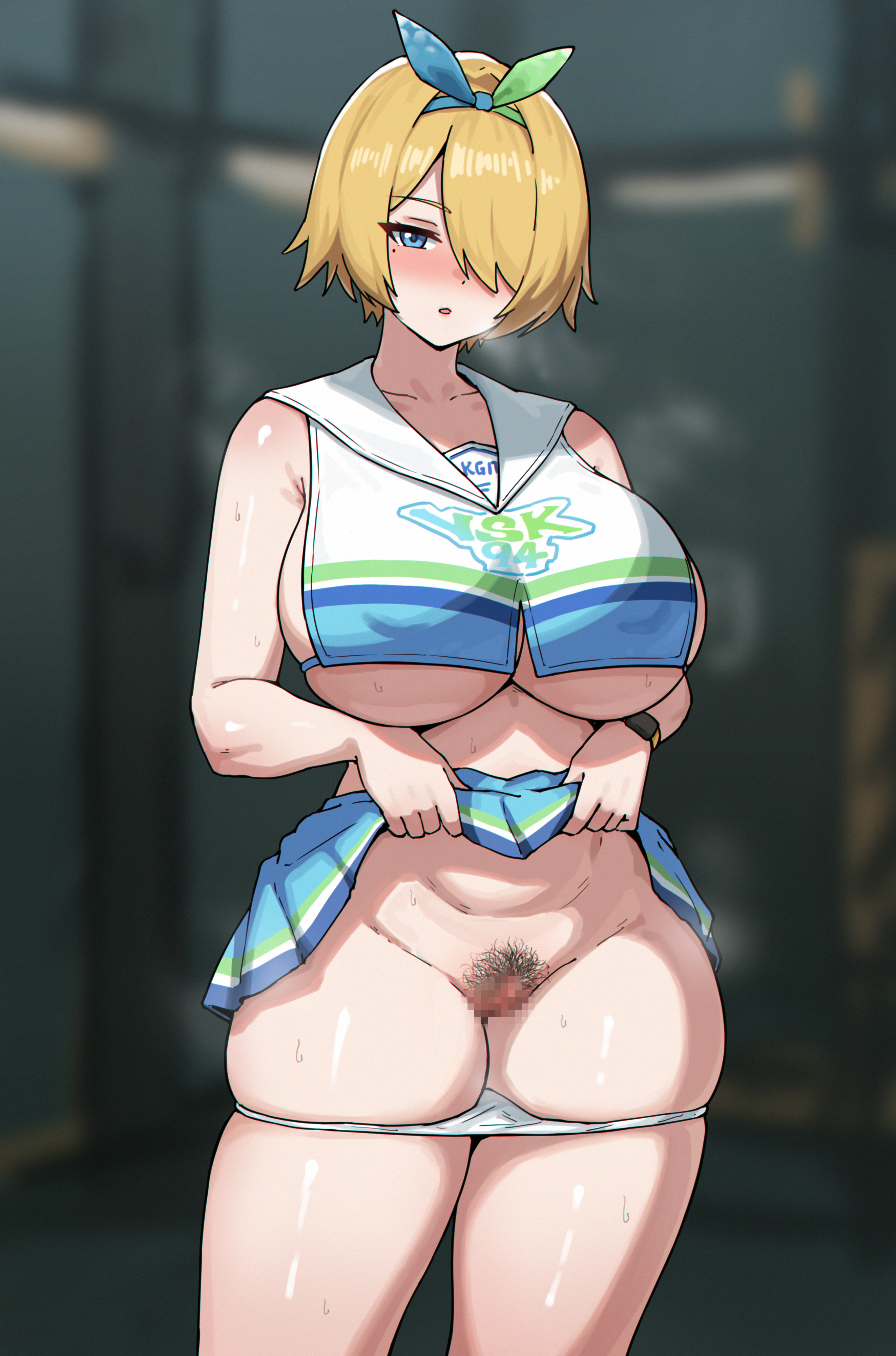 1girls, alternate version at source, alternate version available, bibita (zee s), big breasts, blonde hair, blue eyes, blush, breasts, censored, cheerleader uniform, feet out of frame, female, female only, girls' frontline, girls' frontline 2: exilium, groin, hairband, large breasts, lifted by self, looking at viewer, mole, mole under eye, mosaic censoring, nikketa (girls' frontline 2), panties, panties down, pubic hair, pussy, short hair, skirt, skirt lift, skirt lifted by self, steam, steaming body, sweat, sweatdrop, underboob, vsk-94 (dance like the blazing sun) (girls' frontline), vsk-94 (girls' frontline)
