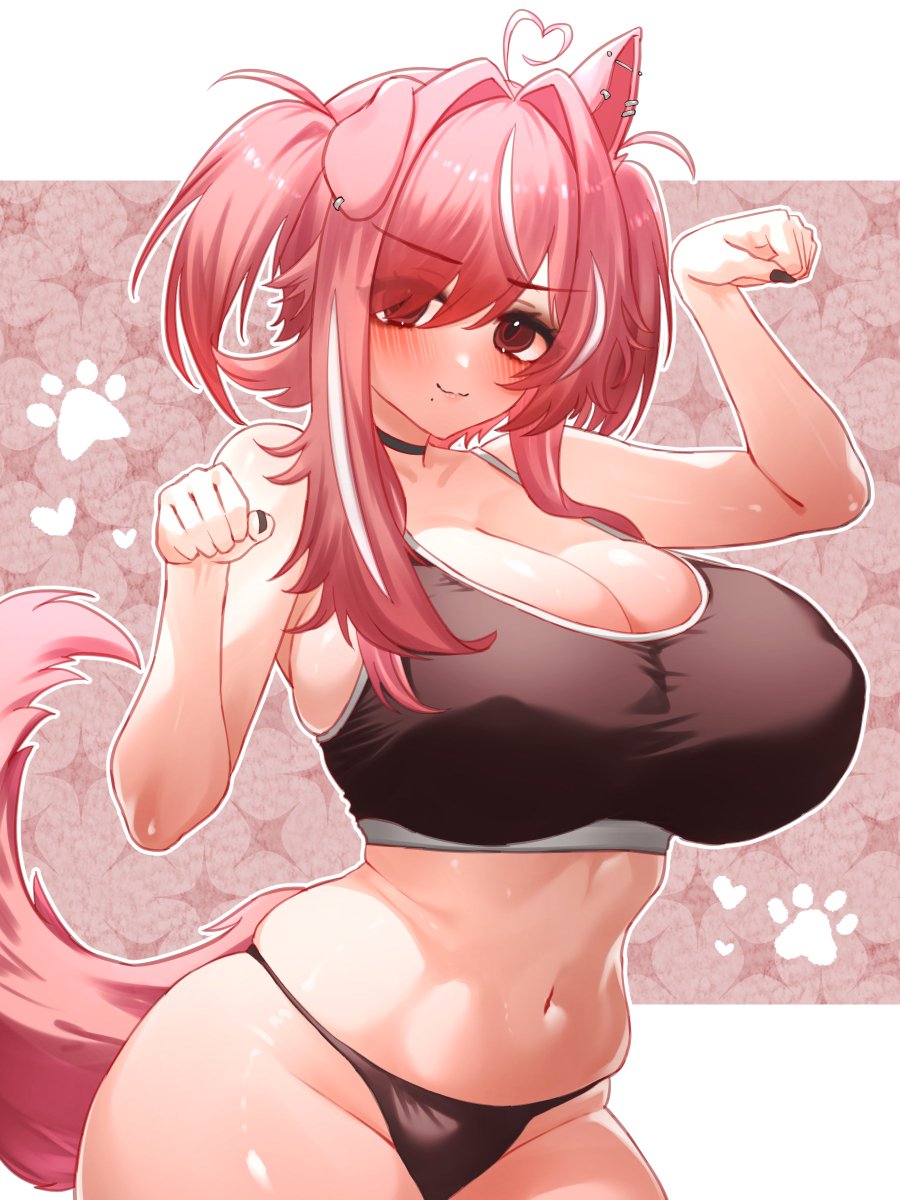 1female, 1girl, 1girls, animal ears, anniepants02, big breasts, bimbo, blush, bra, breasts, choker, cleavage, digital drawing (artwork), digital media (artwork), dog ears, dog girl, dog tail, eyebrows visible through hair, female, female only, hips, indie virtual youtuber, indie vtuber, light skin, light-skinned female, lips, midriff, navel, painted nails, panties, partially clothed, pink hair, solo, solo female, sports bra, sportswear, streamer, tail, thick thighs, thighs, virtual youtuber, vtuber, vtuberfanart, wide hips, woman, youtuber